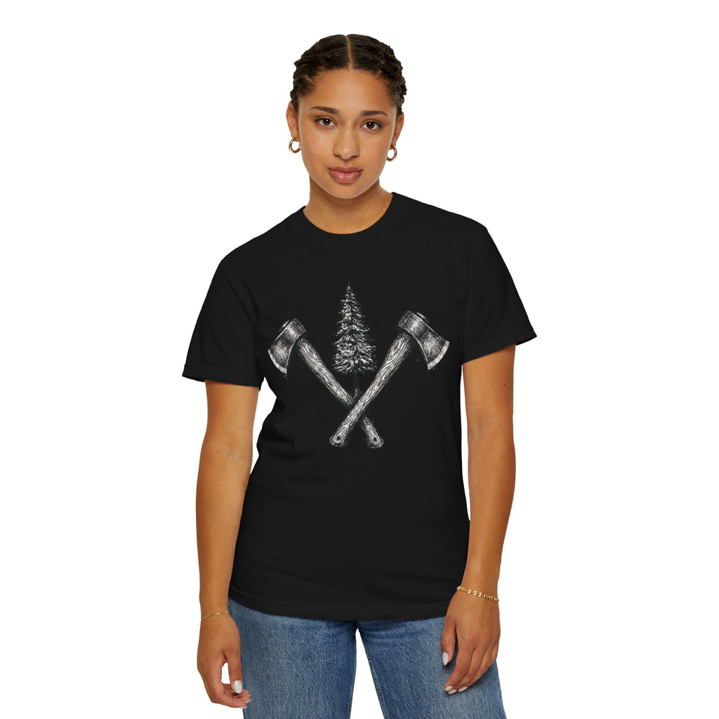 Axe & Pine Tree T-Shirt — Rustic Lumberjack Graphic Tee