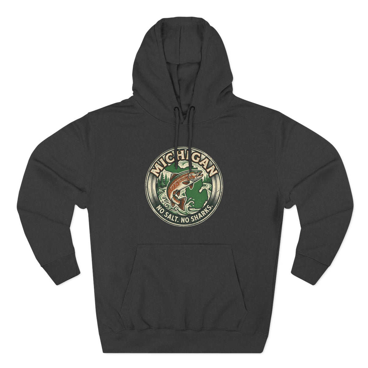 Michigan Fishing Badge Hoodie — No Salt, No Sharks Graphic Pullover
