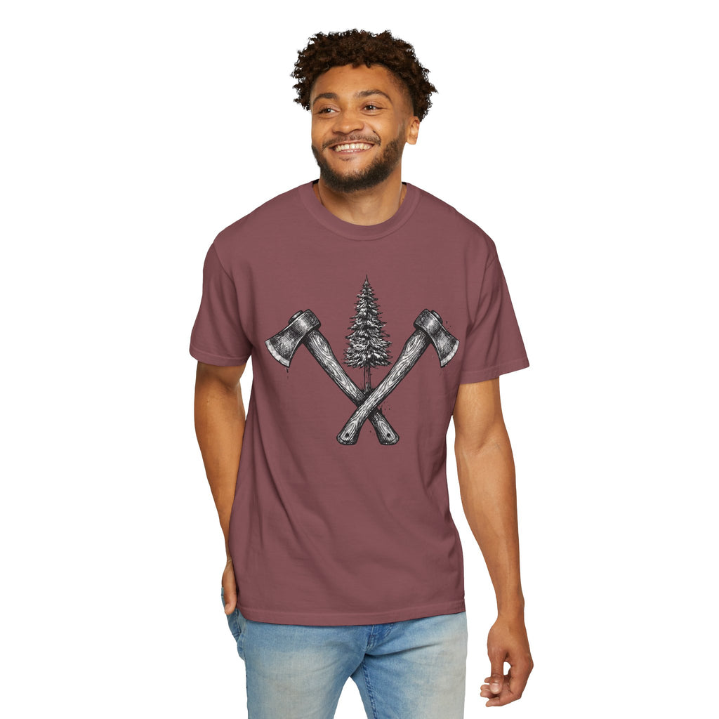 Axe & Pine Tree T-Shirt — Rustic Lumberjack Graphic Tee