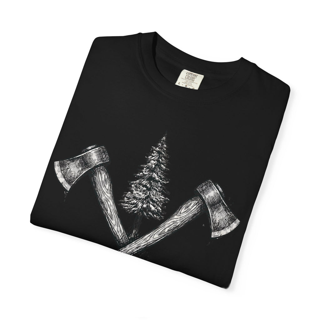 Axe & Pine Tree T-Shirt — Rustic Lumberjack Graphic Tee