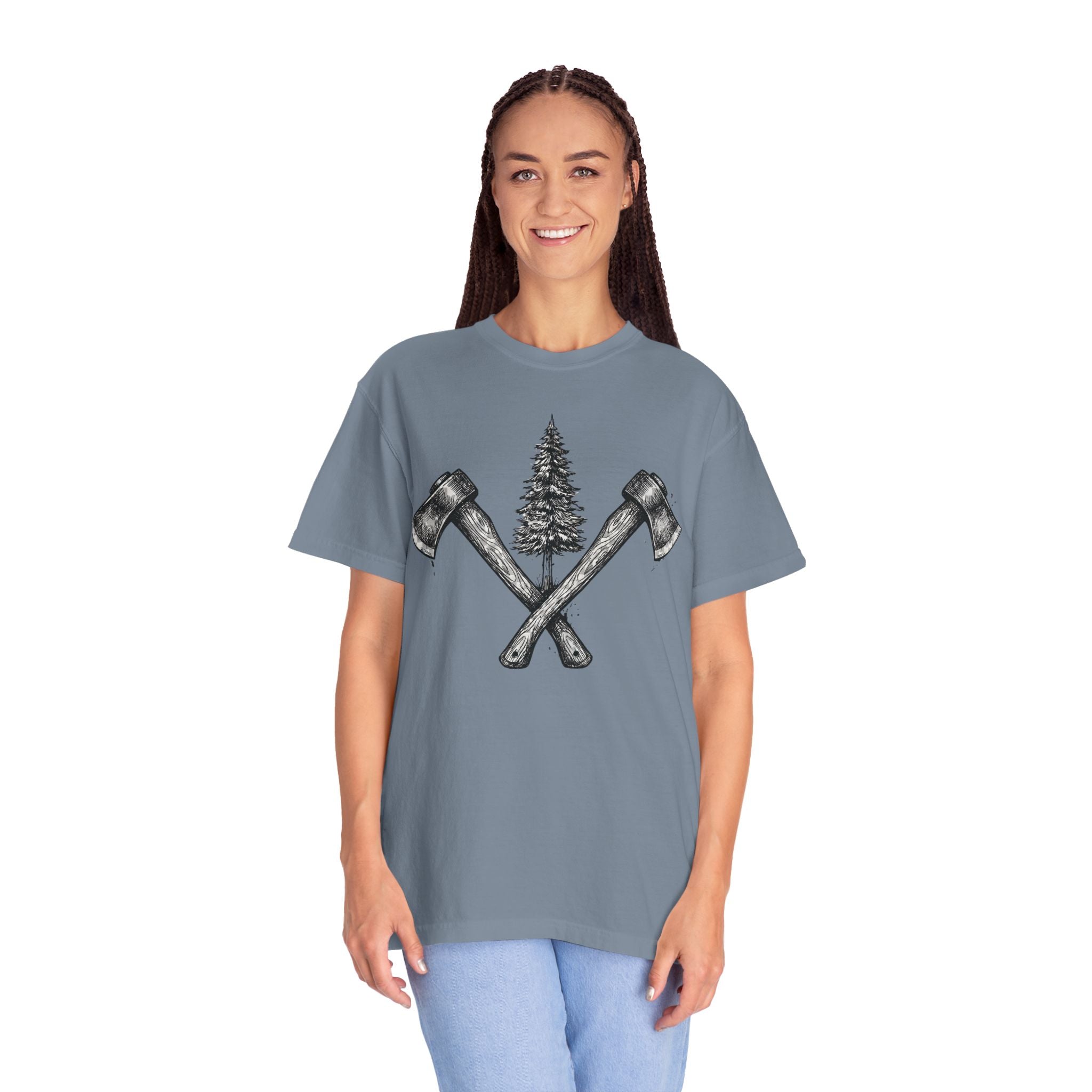 Axe & Pine Tree T-Shirt — Rustic Lumberjack Graphic Tee