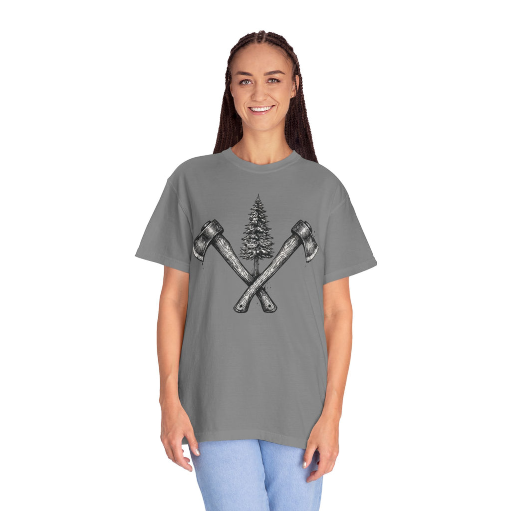 Axe & Pine Tree T-Shirt — Rustic Lumberjack Graphic Tee
