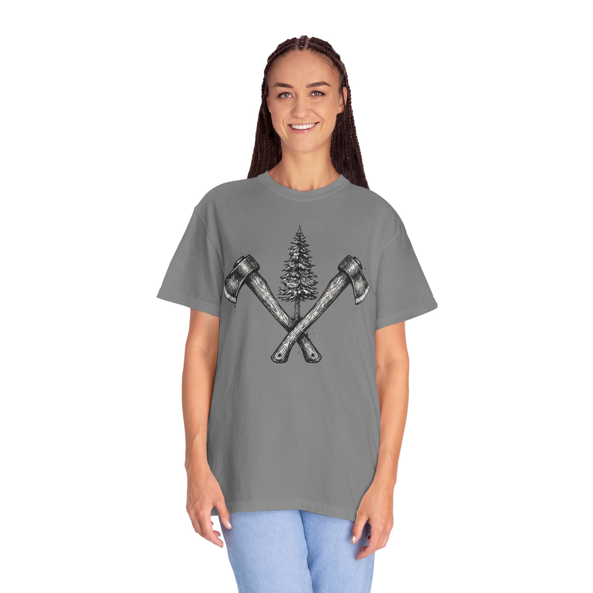 Axe & Pine Tree T-Shirt — Rustic Lumberjack Graphic Tee