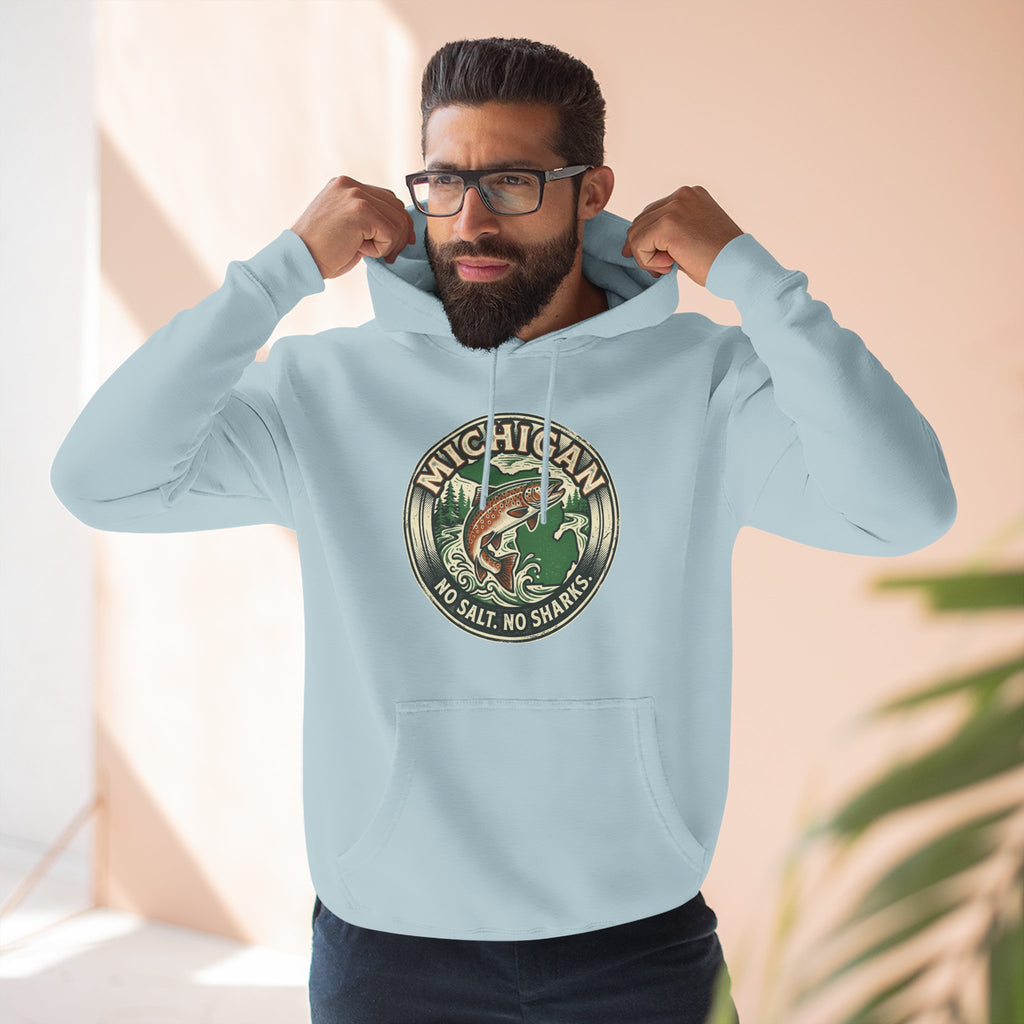 Michigan Fishing Badge Hoodie — No Salt, No Sharks Graphic Pullover