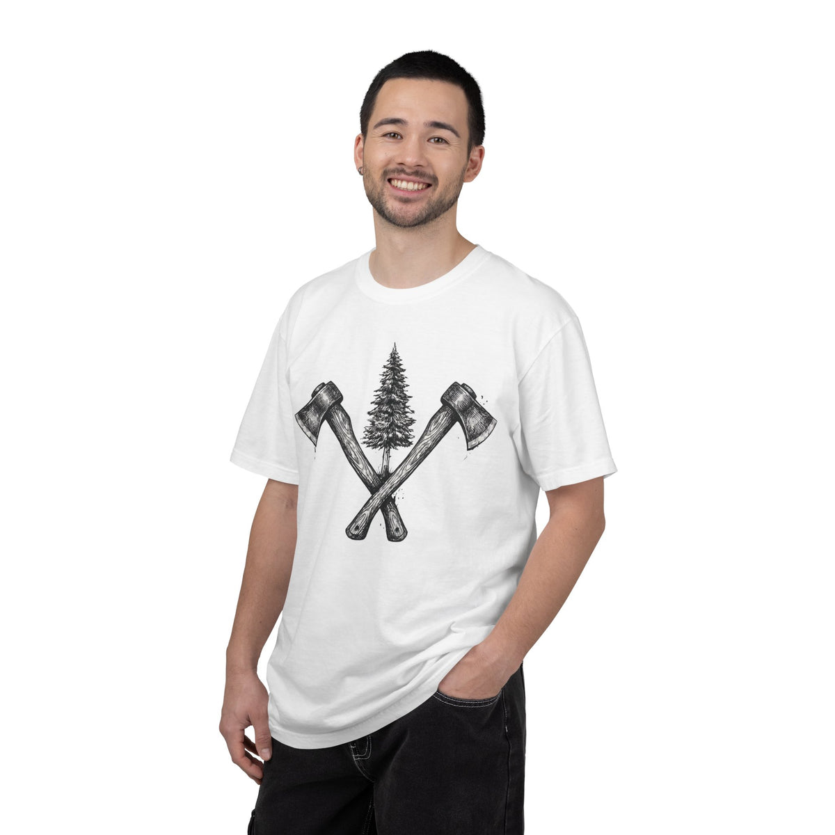 Axe & Pine Tree T-Shirt — Rustic Lumberjack Graphic Tee