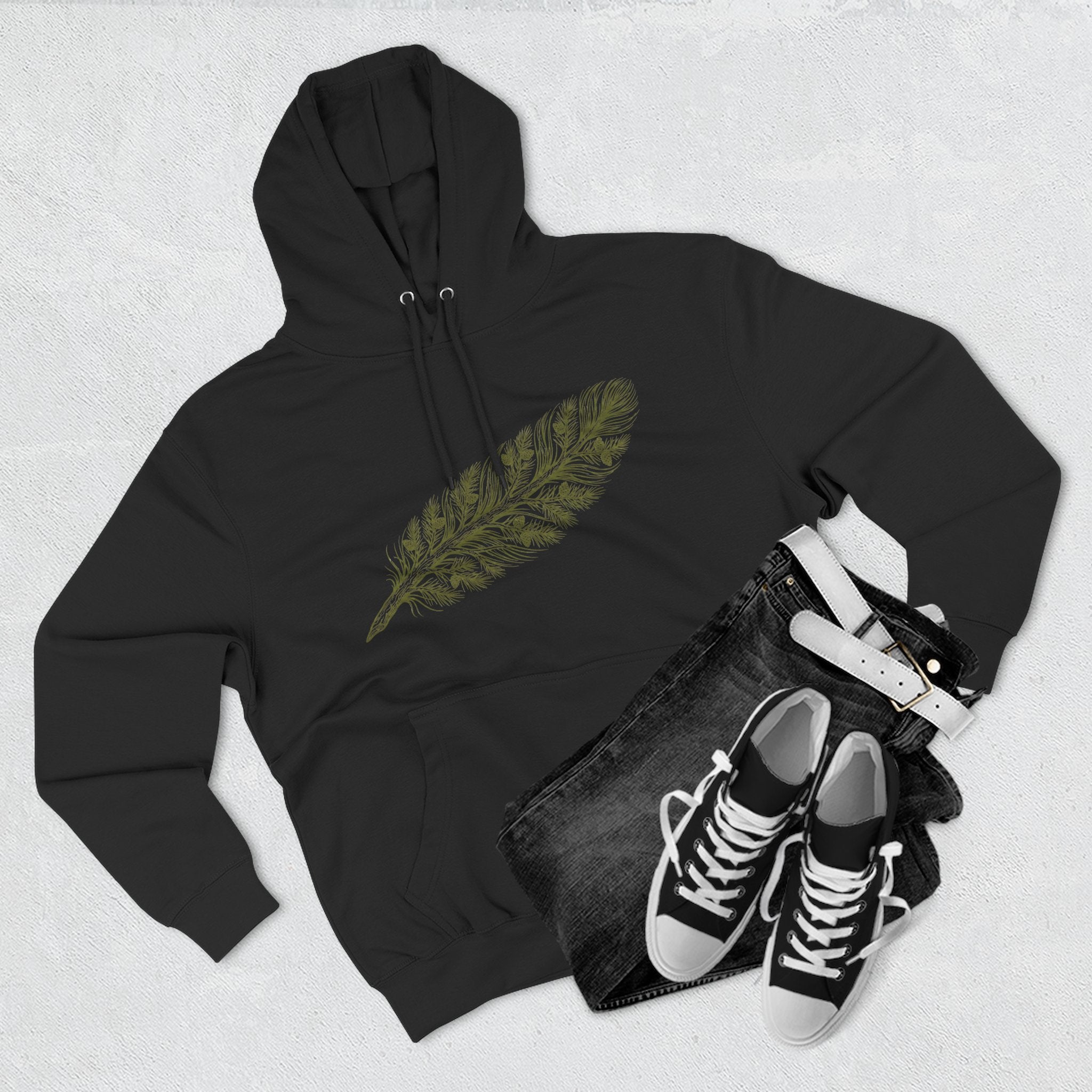 The "Forest Feather" Premium Hoodie - Pine Needle & Quill Illustration