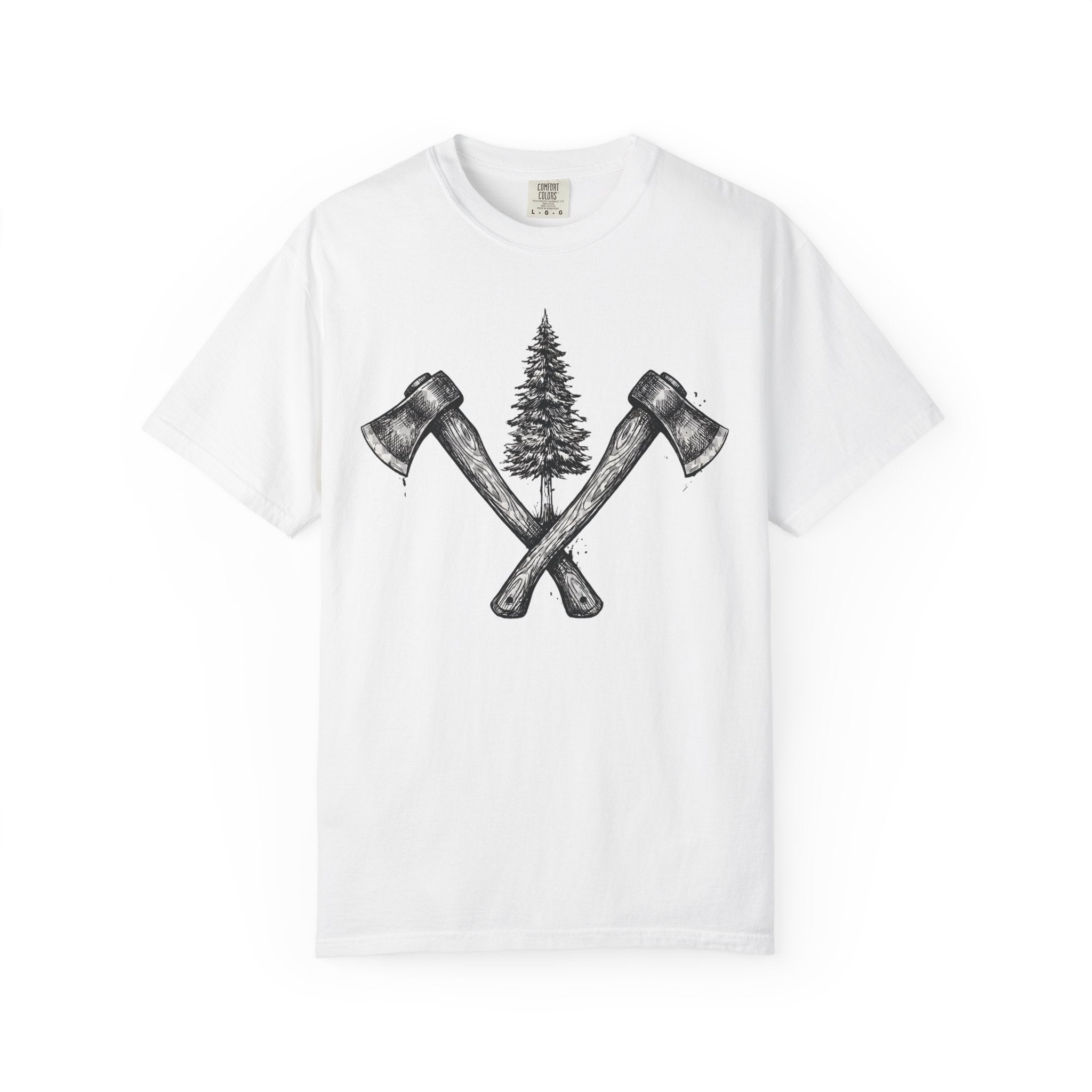Axe & Pine Tree T-Shirt — Rustic Lumberjack Graphic Tee