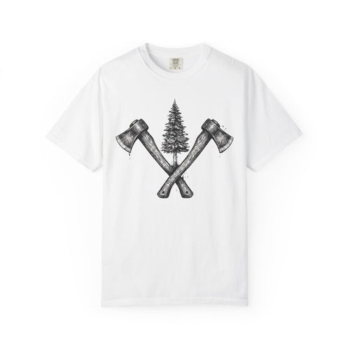 Axe & Pine Tree T-Shirt — Rustic Lumberjack Graphic Tee