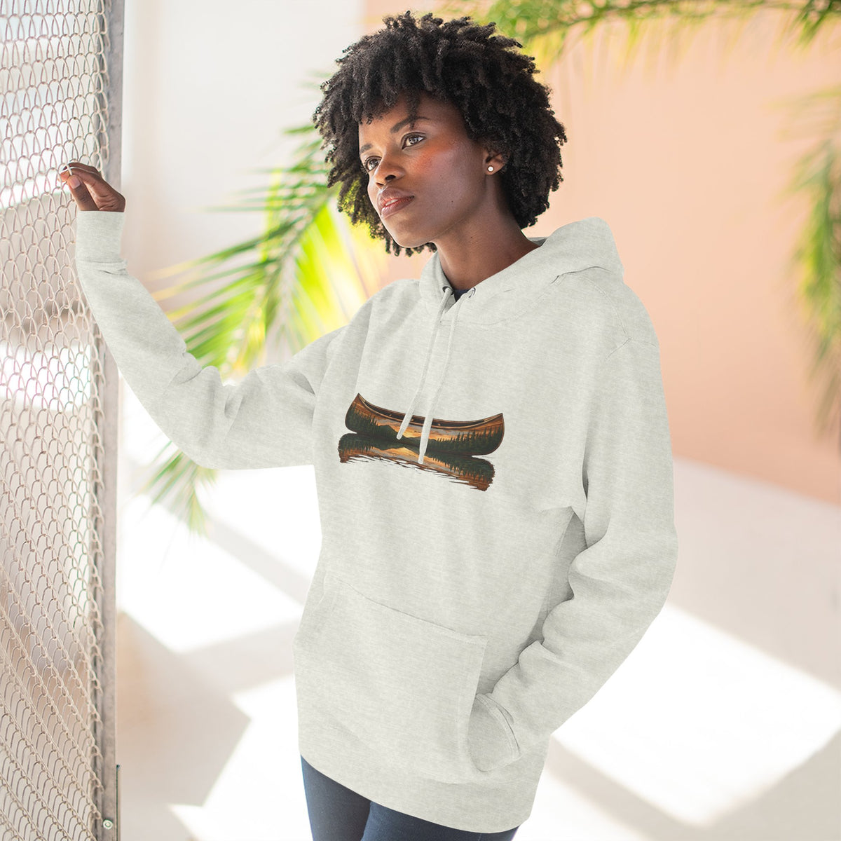 The "Morning Stillness" Premium Hoodie - Vintage Canoe Woodcut