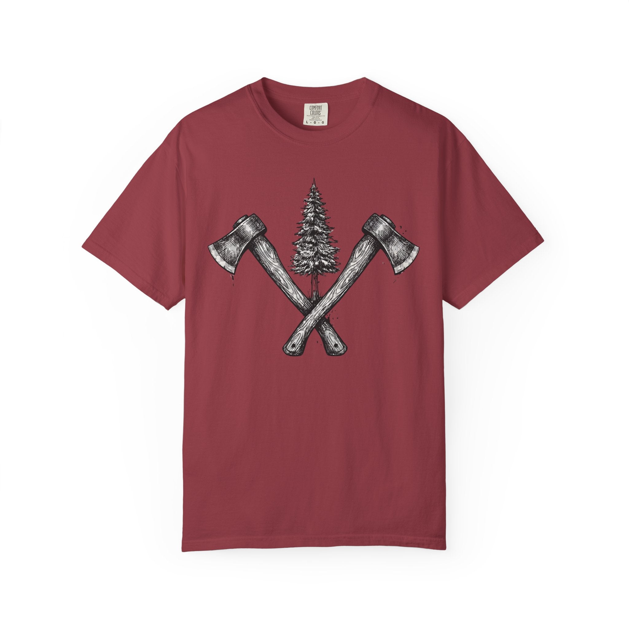 Axe & Pine Tree T-Shirt — Rustic Lumberjack Graphic Tee