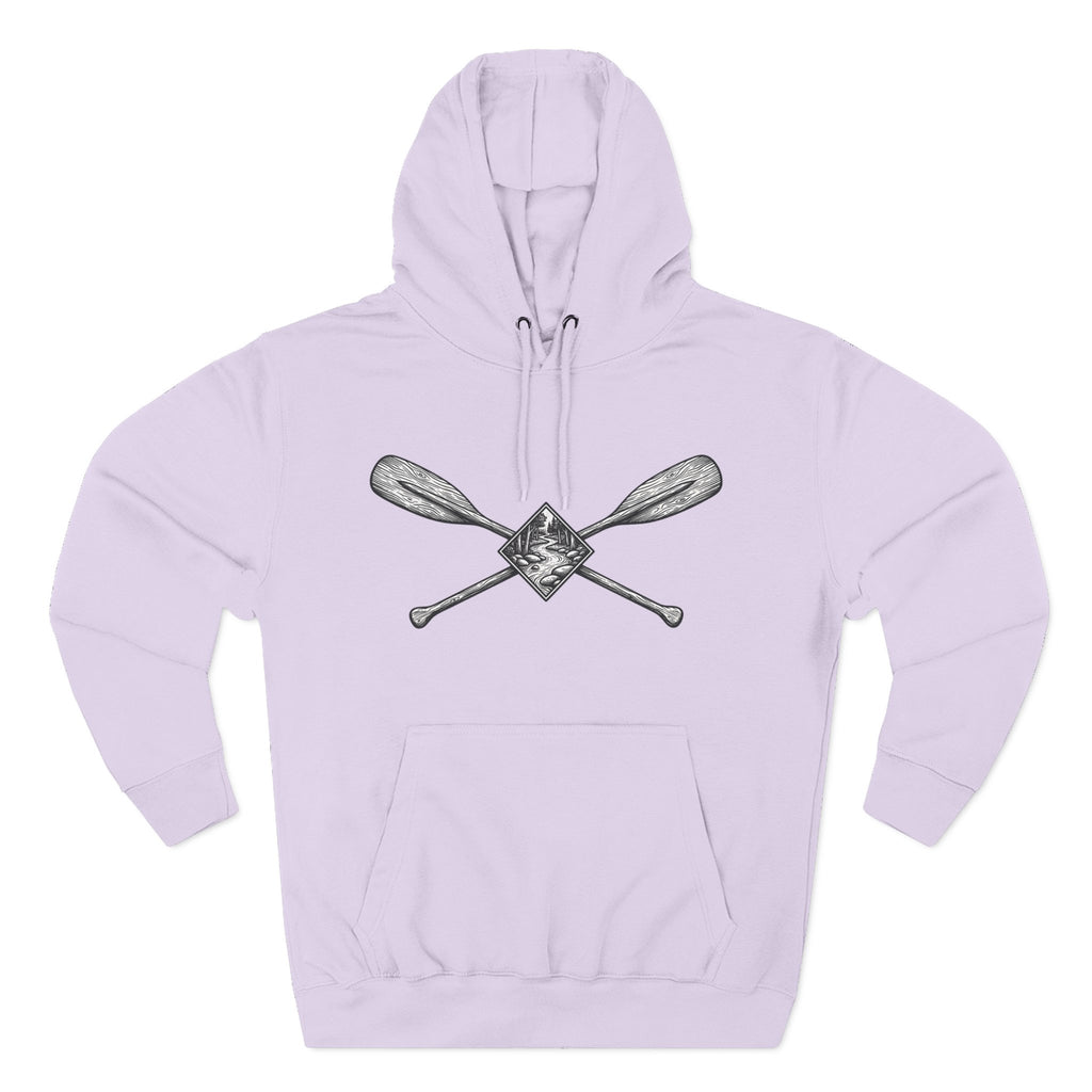 River Wanderer Premium Heavyweight Hoodie - Crossed Paddles Woodcut Design