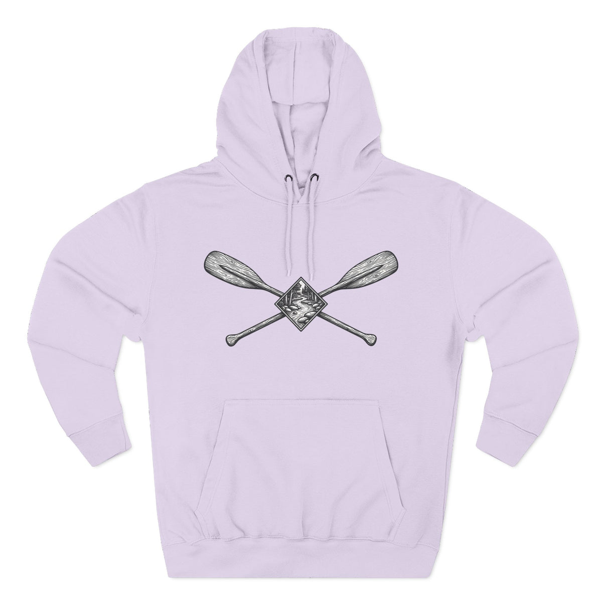 River Wanderer Premium Heavyweight Hoodie - Crossed Paddles Woodcut Design