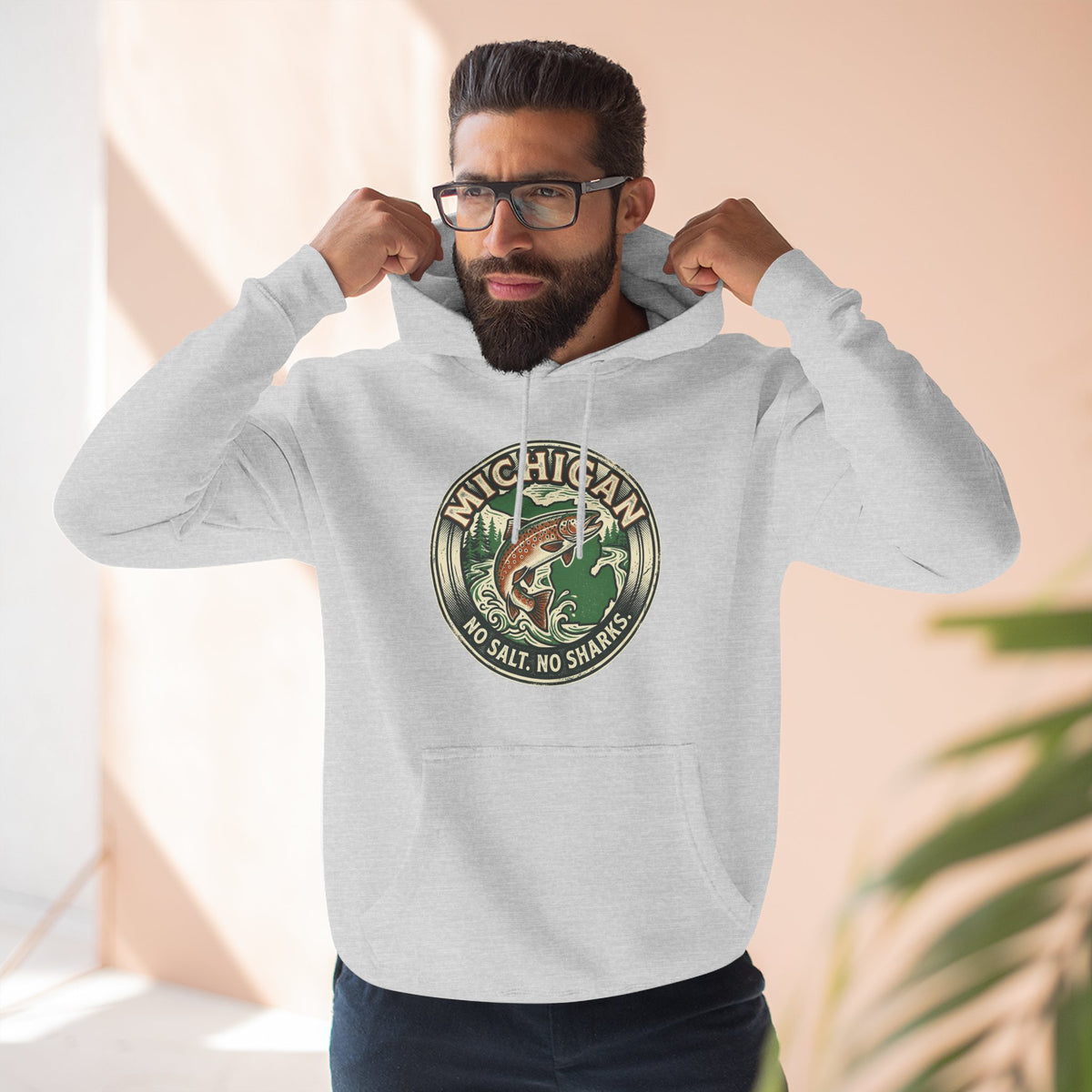 Michigan Fishing Badge Hoodie — No Salt, No Sharks Graphic Pullover