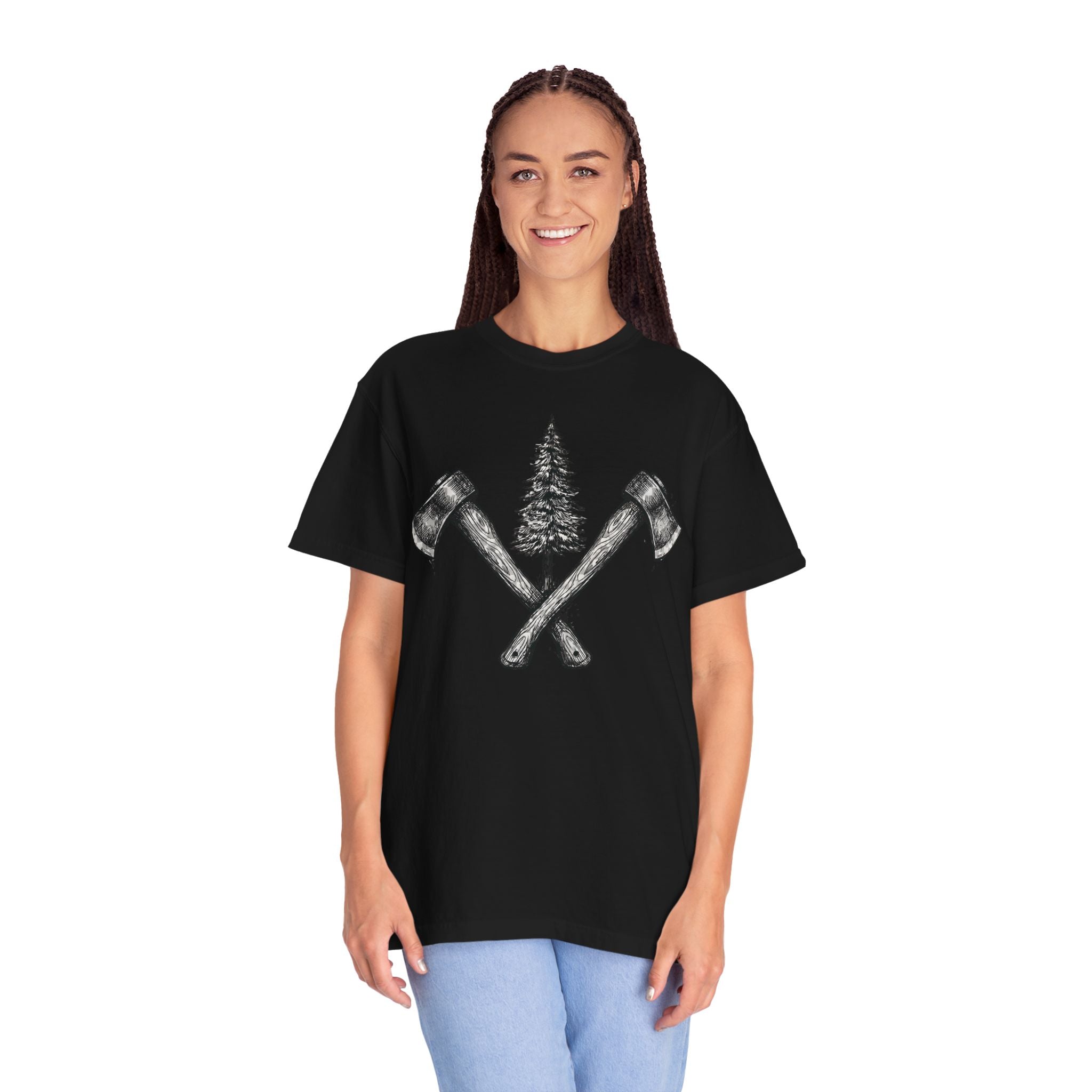 Axe & Pine Tree T-Shirt — Rustic Lumberjack Graphic Tee