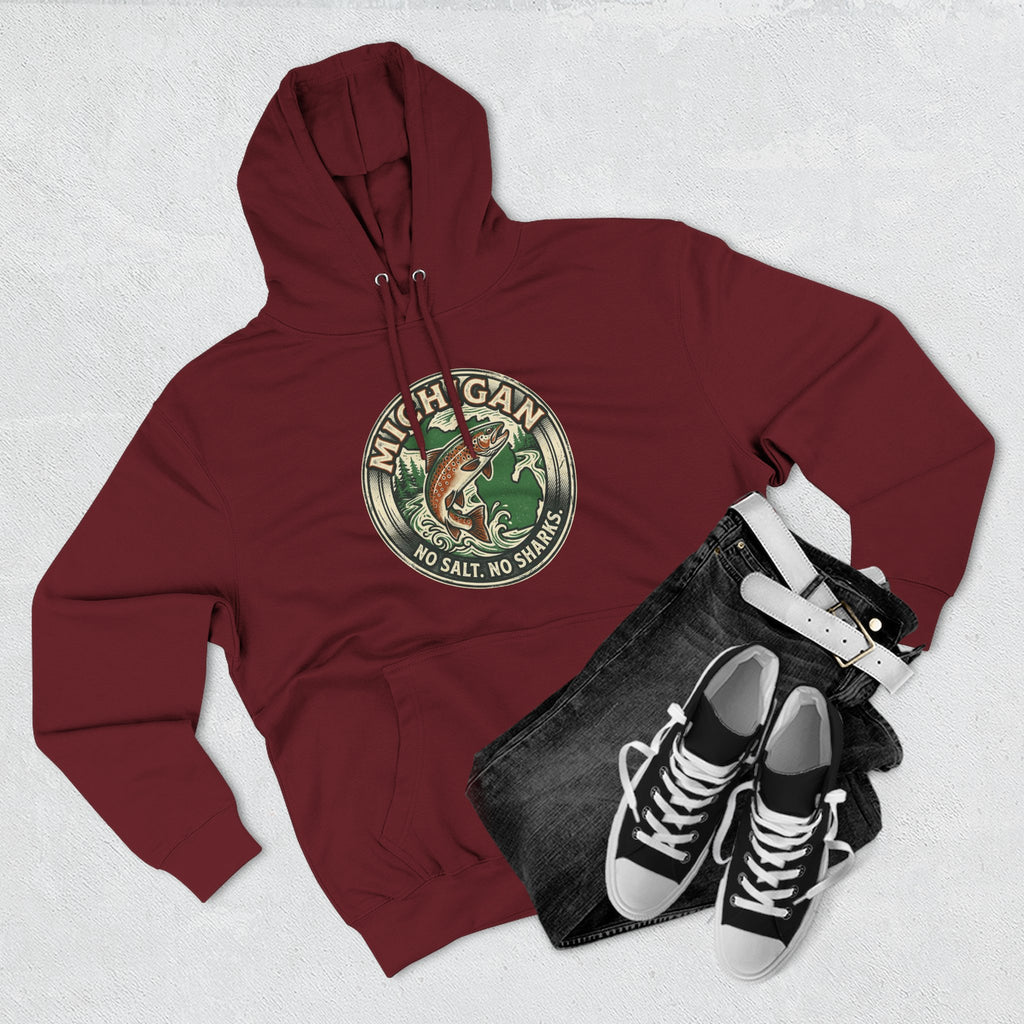 Michigan Fishing Badge Hoodie — No Salt, No Sharks Graphic Pullover