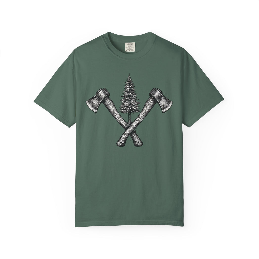 Axe & Pine Tree T-Shirt — Rustic Lumberjack Graphic Tee