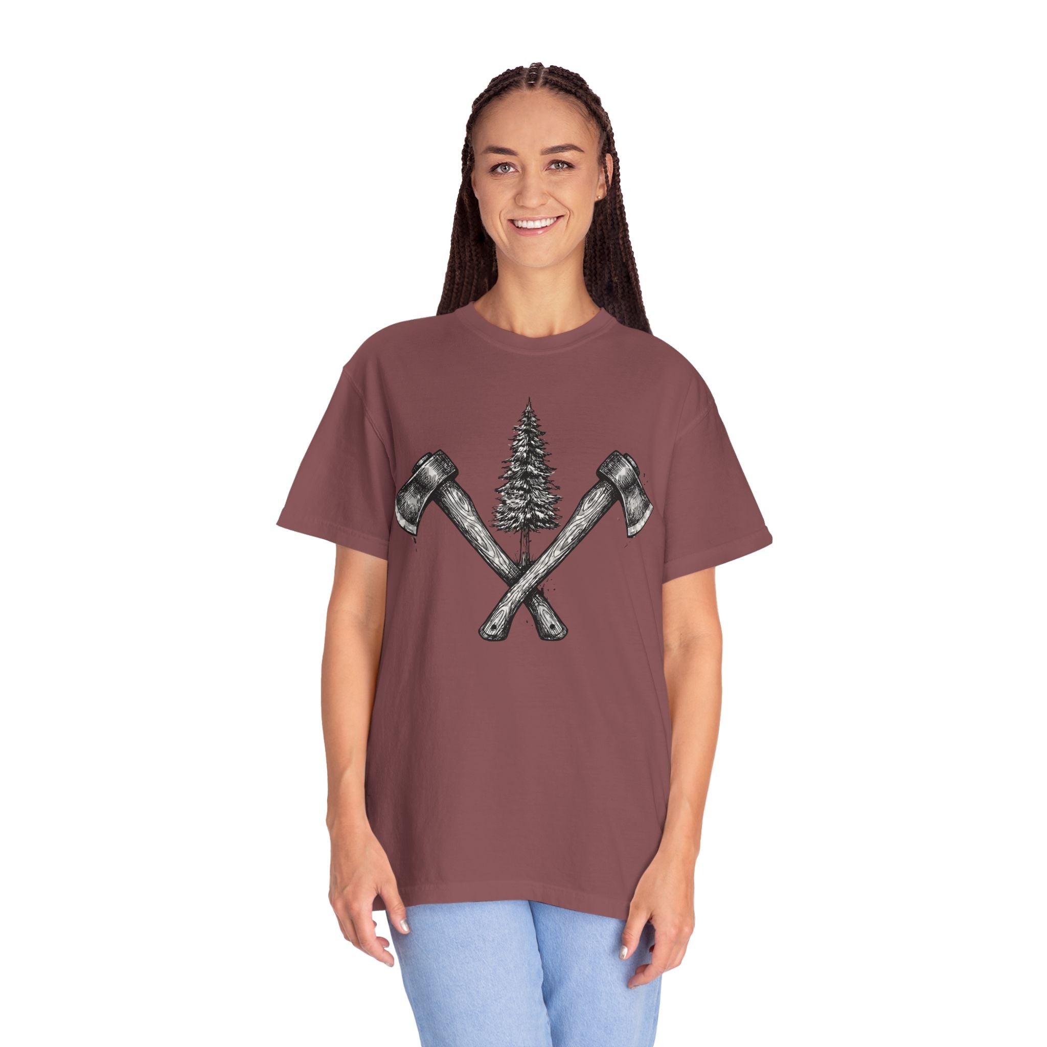 Axe & Pine Tree T-Shirt — Rustic Lumberjack Graphic Tee