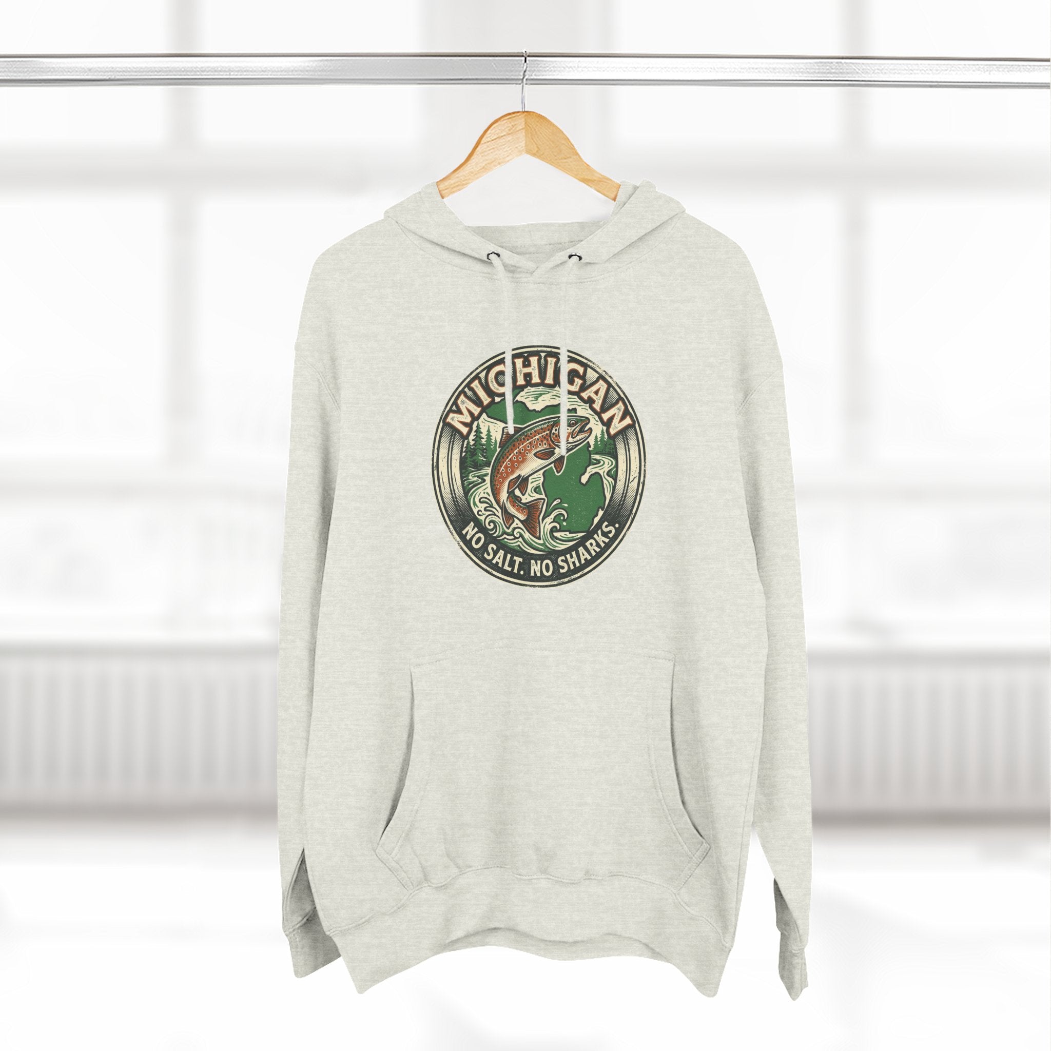 Michigan Fishing Badge Hoodie — No Salt, No Sharks Graphic Pullover