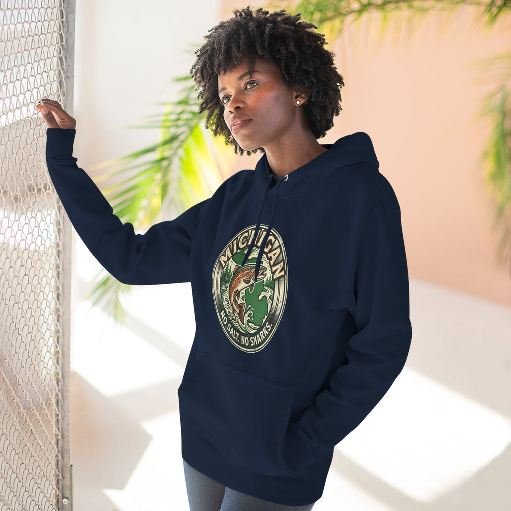 Michigan Fishing Badge Hoodie — No Salt, No Sharks Graphic Pullover