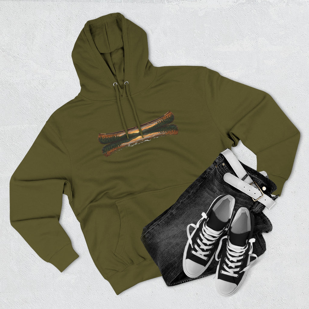 The "Morning Stillness" Premium Hoodie - Vintage Canoe Woodcut