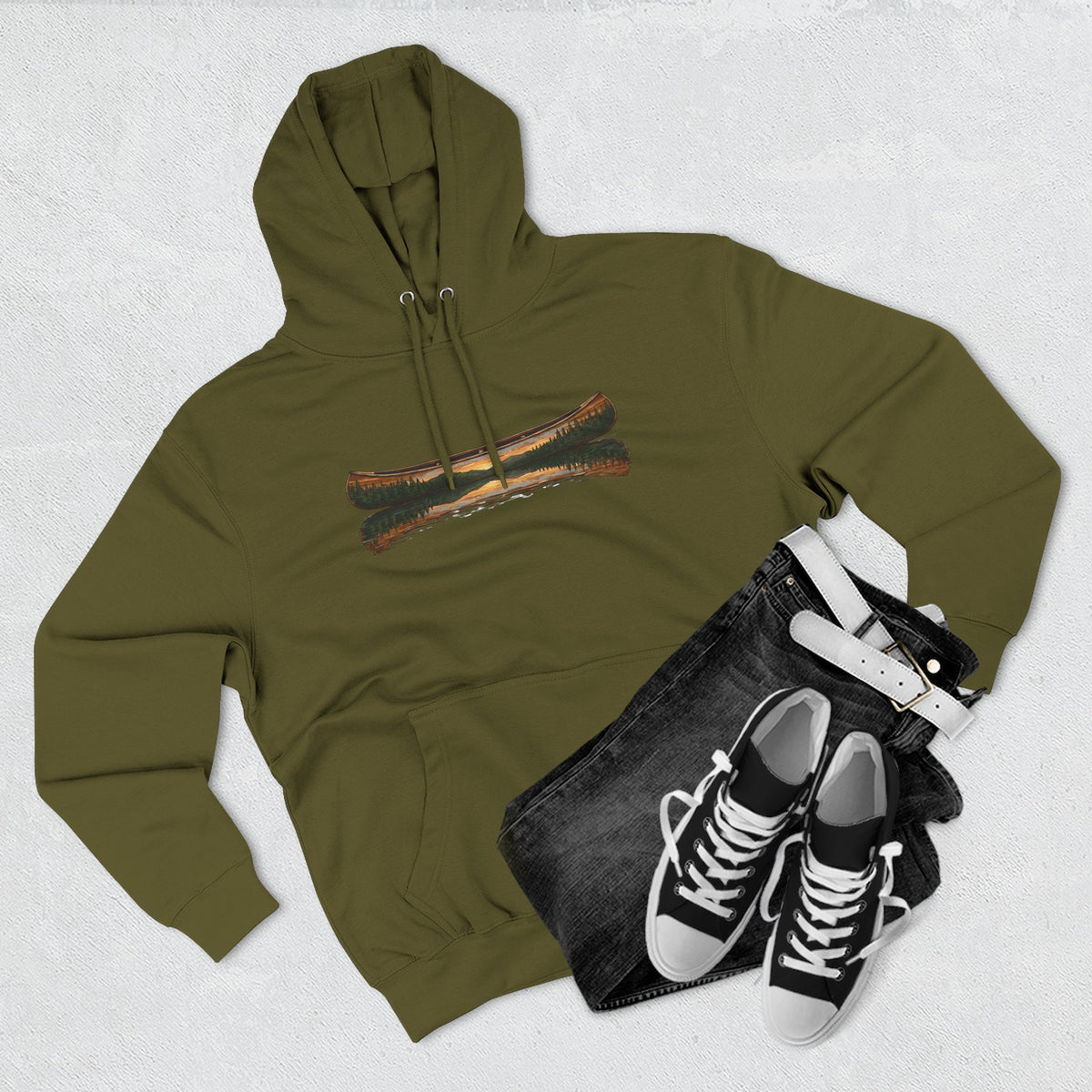 The "Morning Stillness" Premium Hoodie - Vintage Canoe Woodcut