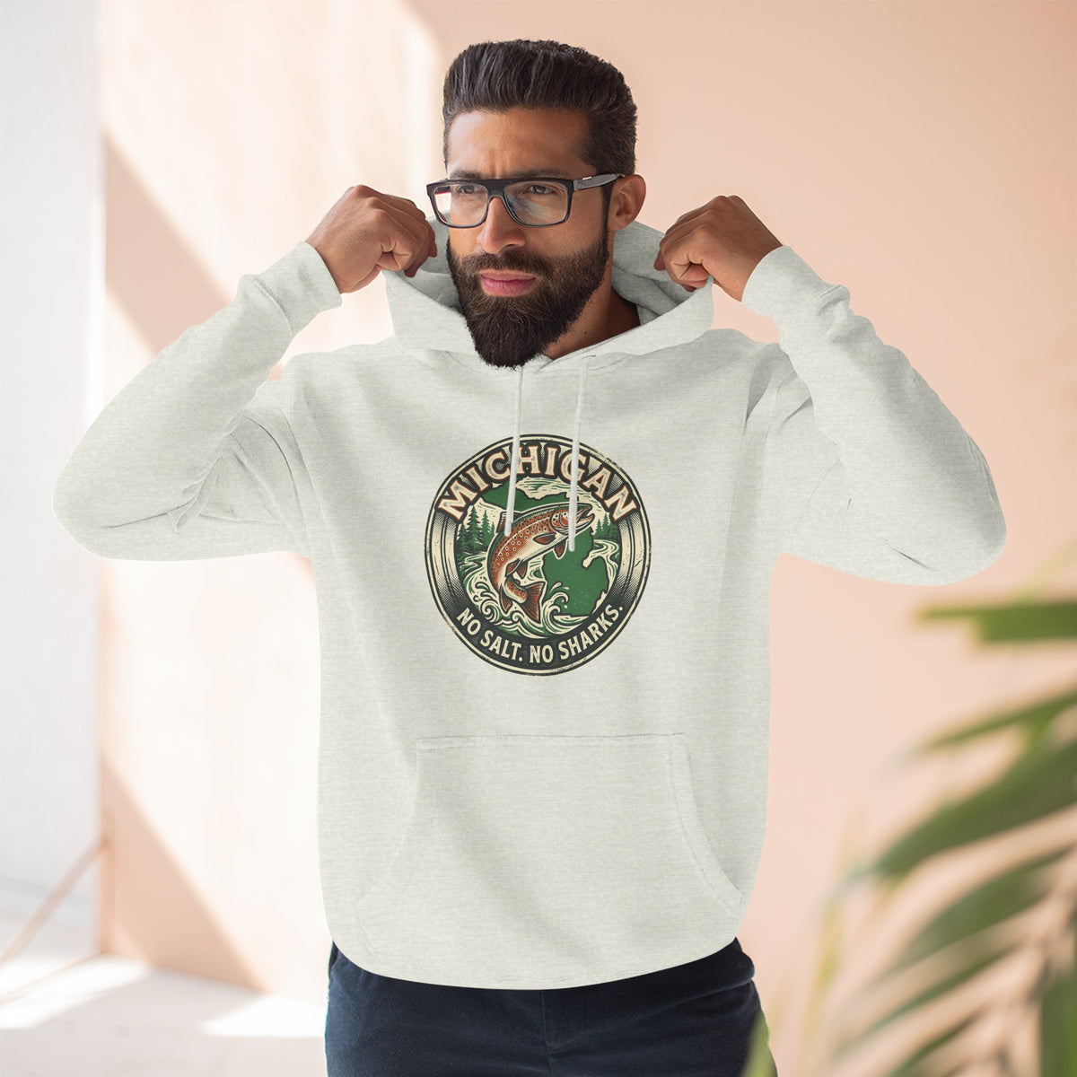 Michigan Fishing Badge Hoodie — No Salt, No Sharks Graphic Pullover