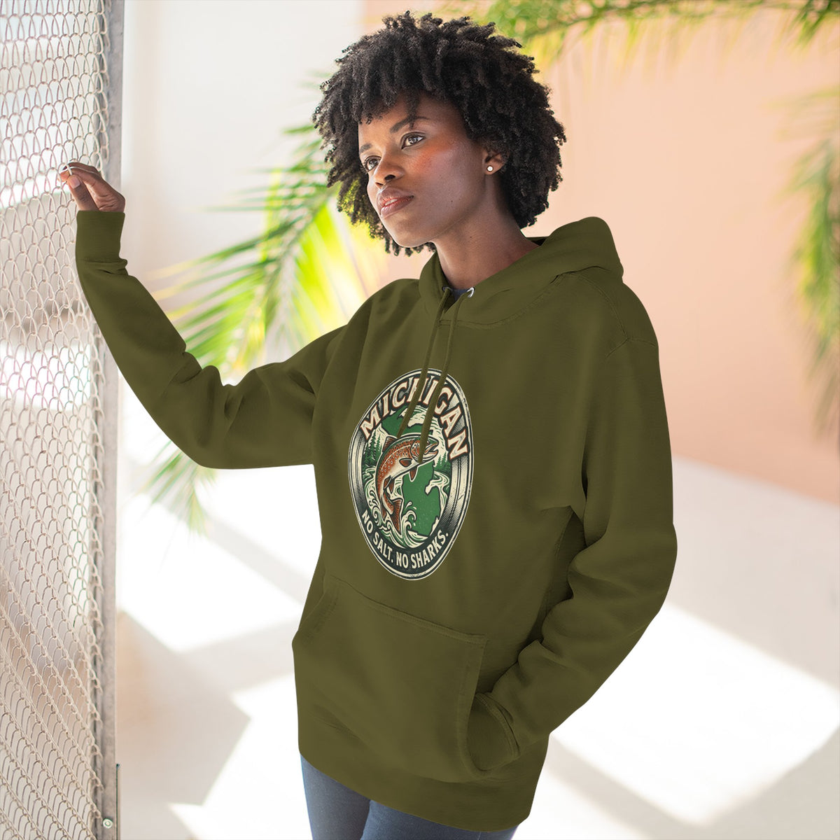 Michigan Fishing Badge Hoodie — No Salt, No Sharks Graphic Pullover