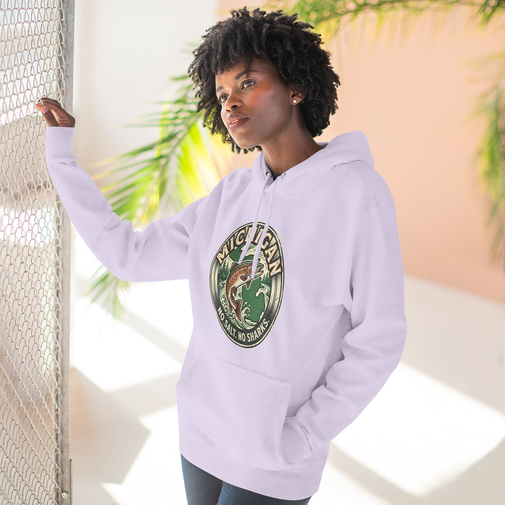 Michigan Fishing Badge Hoodie — No Salt, No Sharks Graphic Pullover