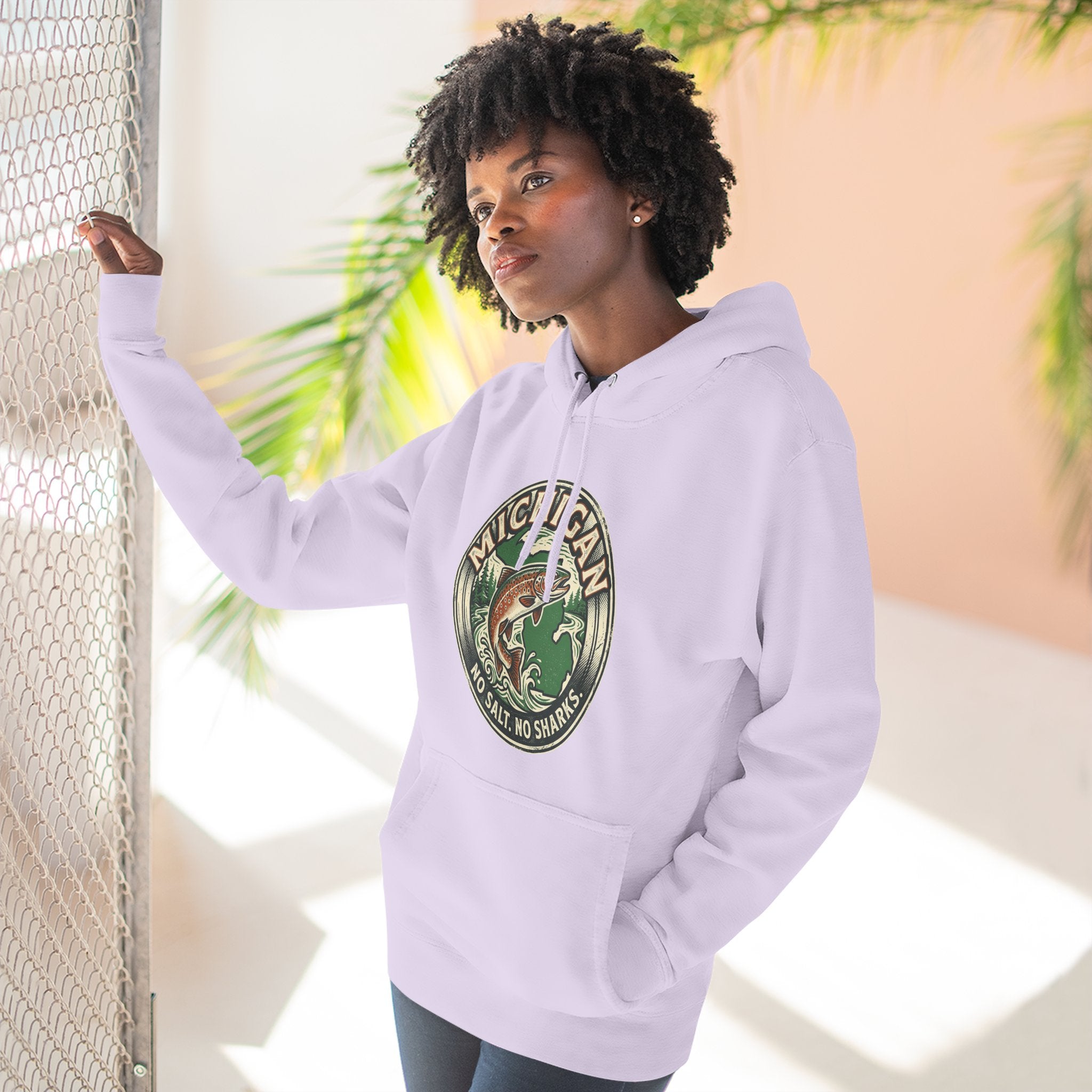 Michigan Fishing Badge Hoodie — No Salt, No Sharks Graphic Pullover