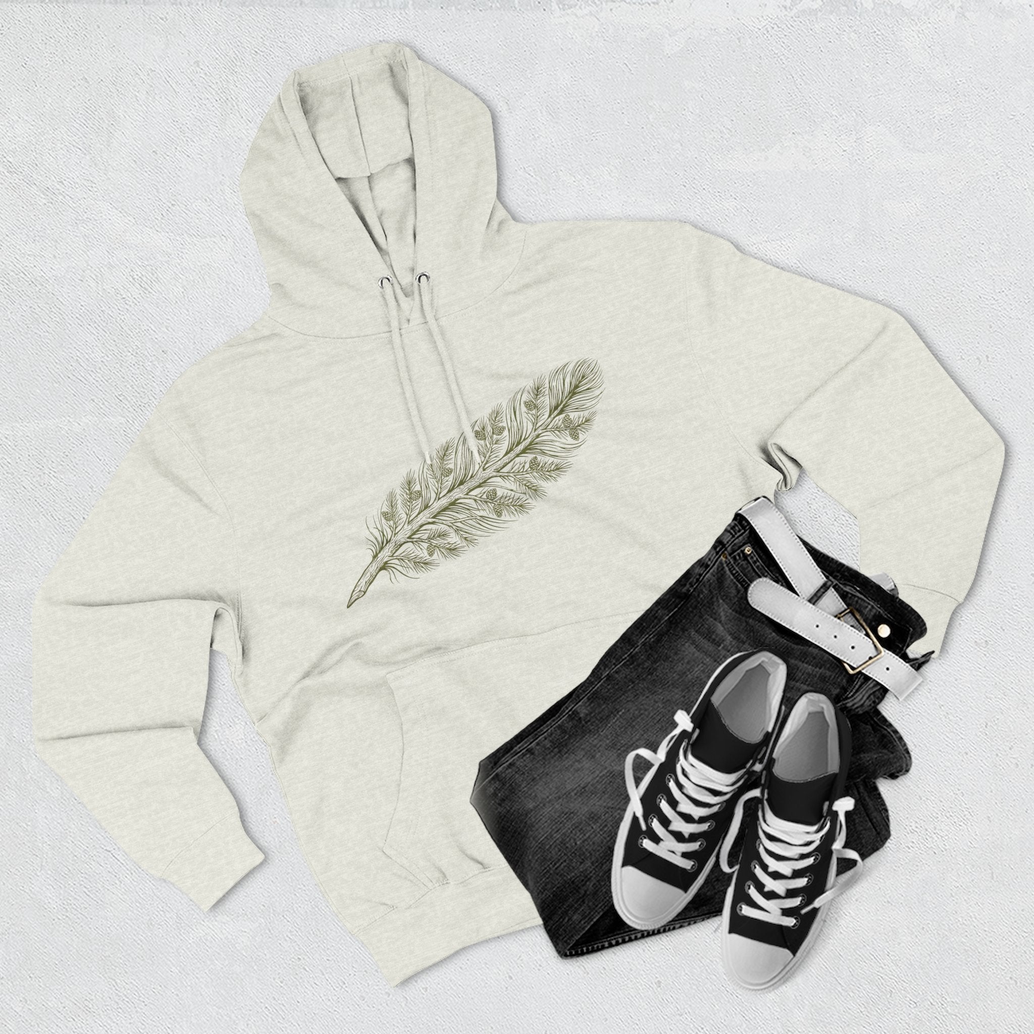 The "Forest Feather" Premium Hoodie - Pine Needle & Quill Illustration