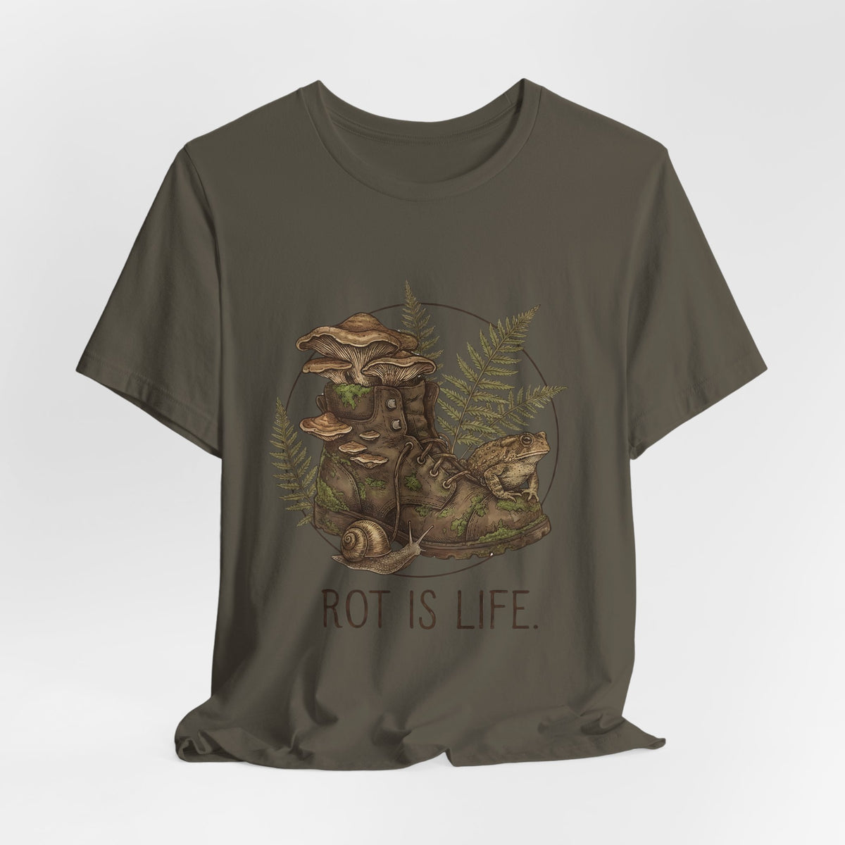 Rot Is Life T‑Shirt — Woodland Mushroom Decay Graphic Tee
