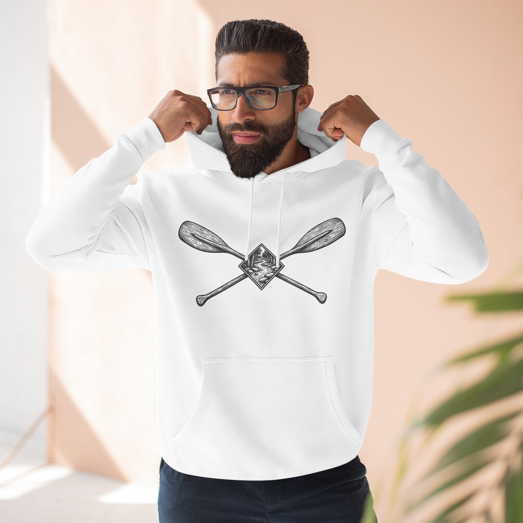 River Wanderer Premium Heavyweight Hoodie - Crossed Paddles Woodcut Design