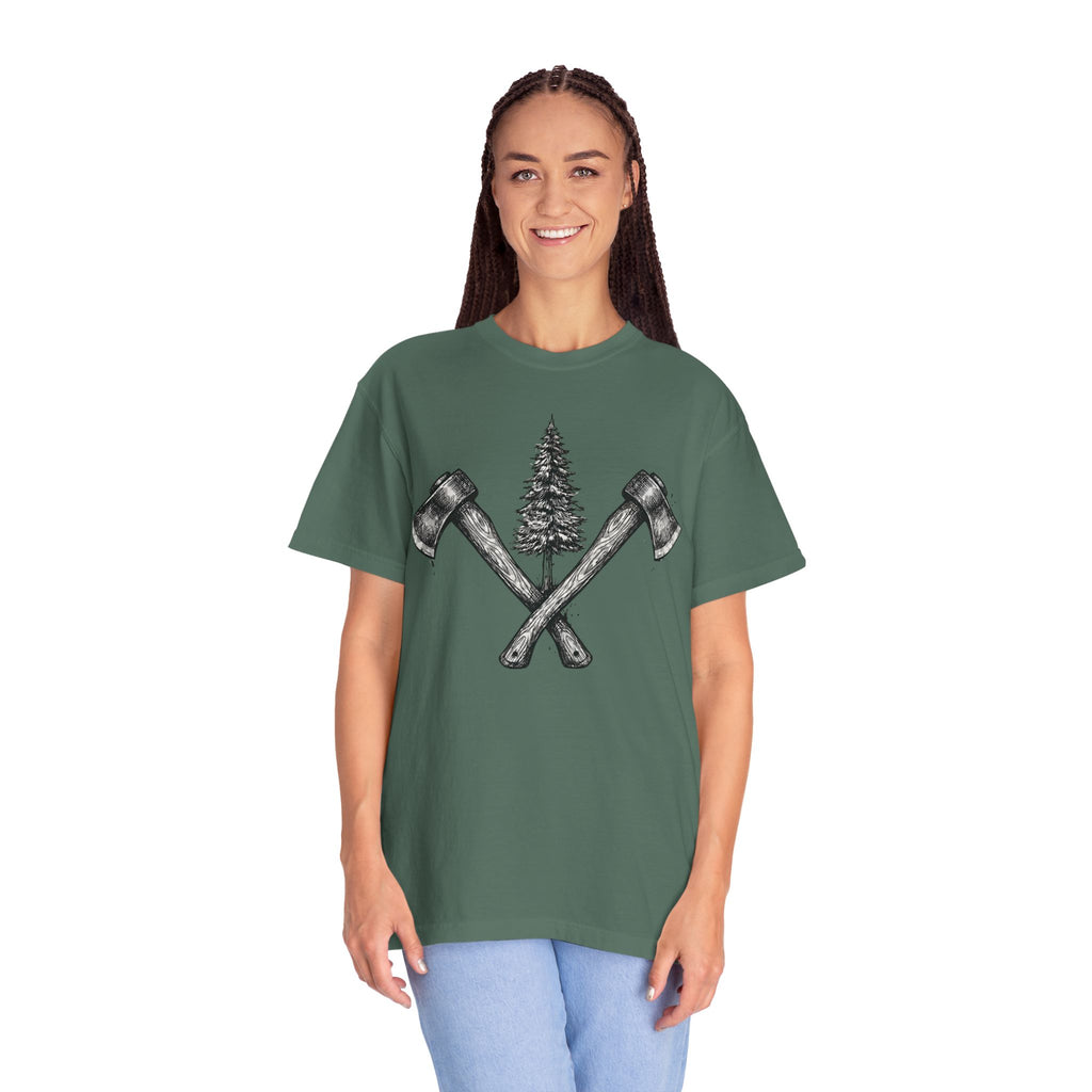 Axe & Pine Tree T-Shirt — Rustic Lumberjack Graphic Tee