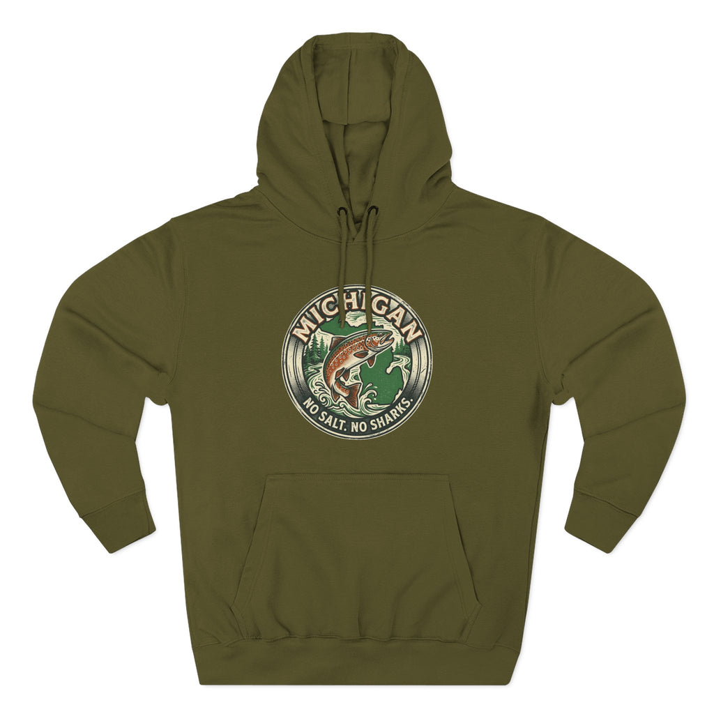Michigan Fishing Badge Hoodie — No Salt, No Sharks Graphic Pullover