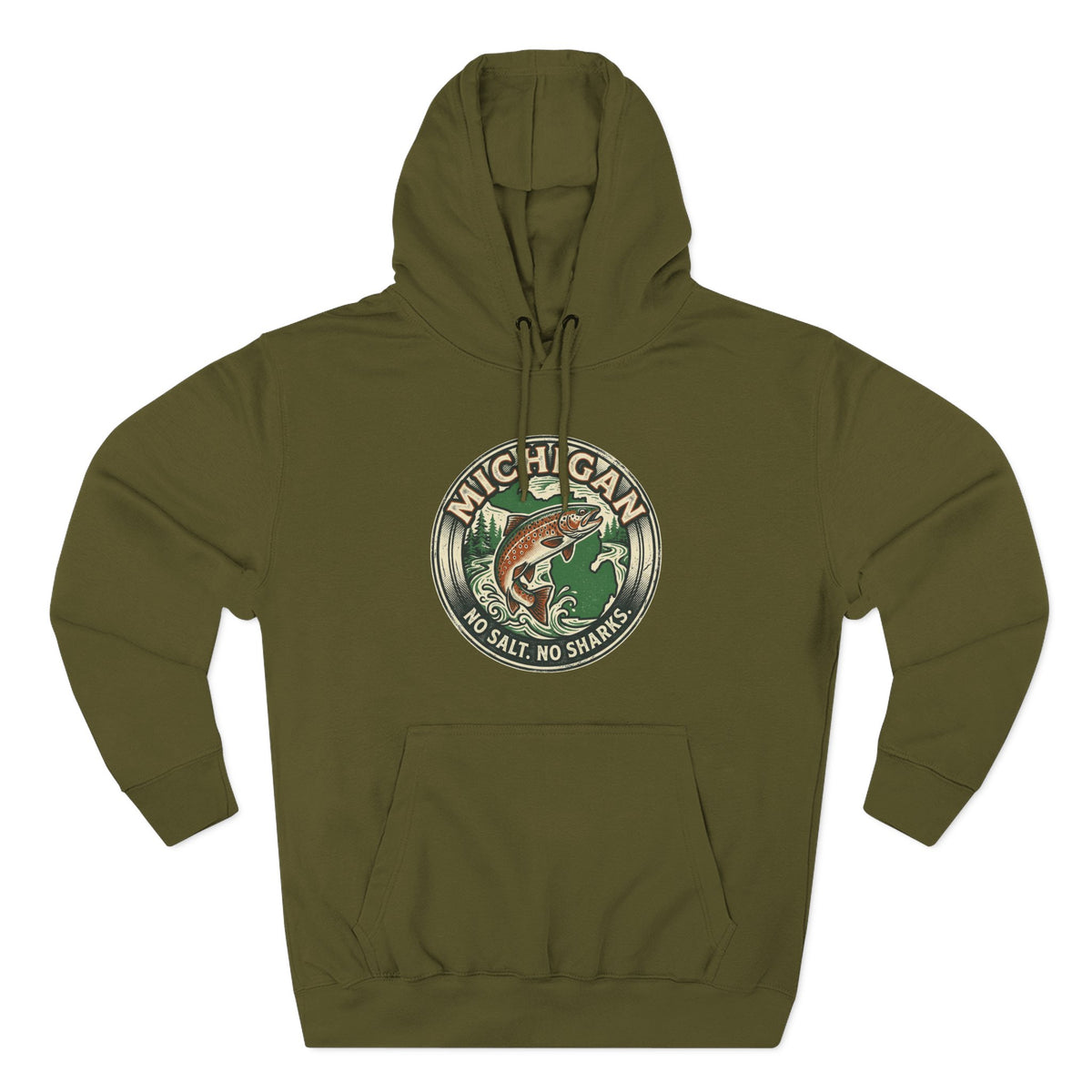 Michigan Fishing Badge Hoodie — No Salt, No Sharks Graphic Pullover