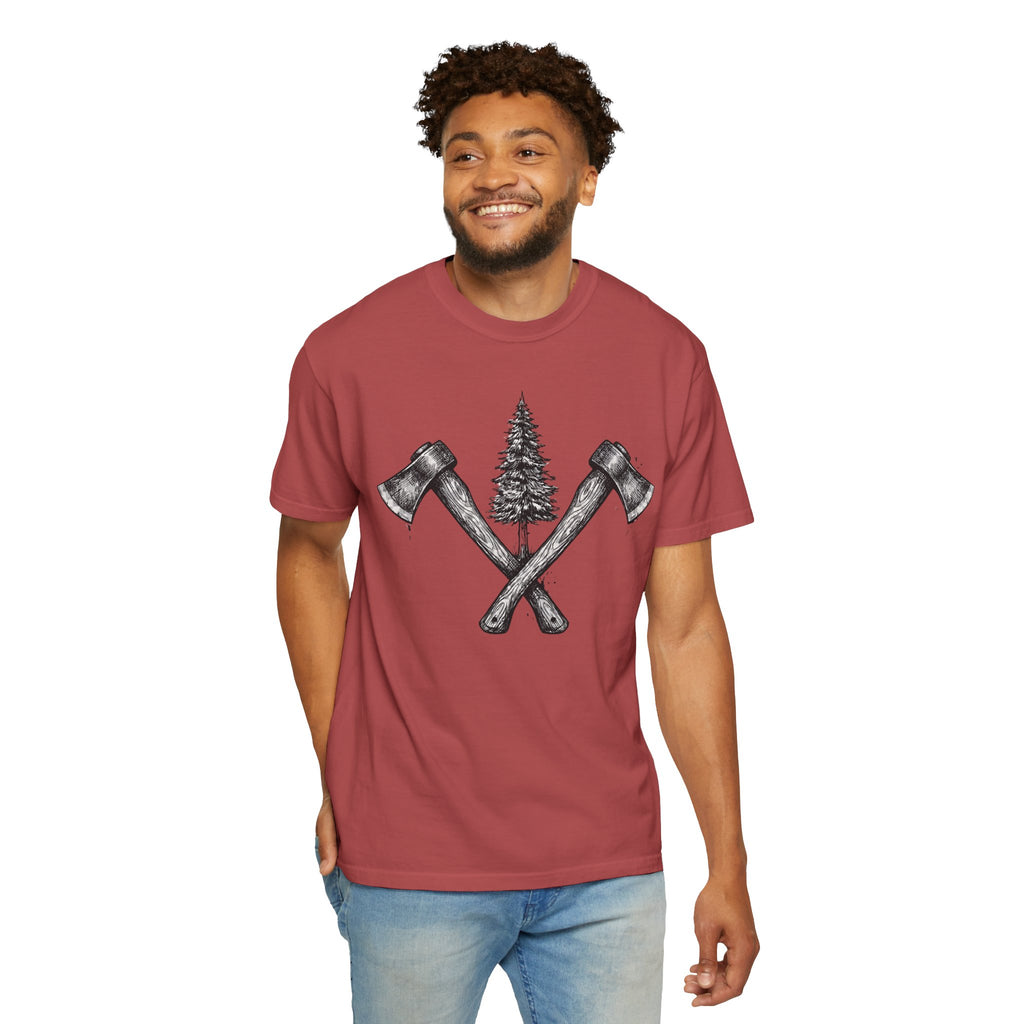 Axe & Pine Tree T-Shirt — Rustic Lumberjack Graphic Tee