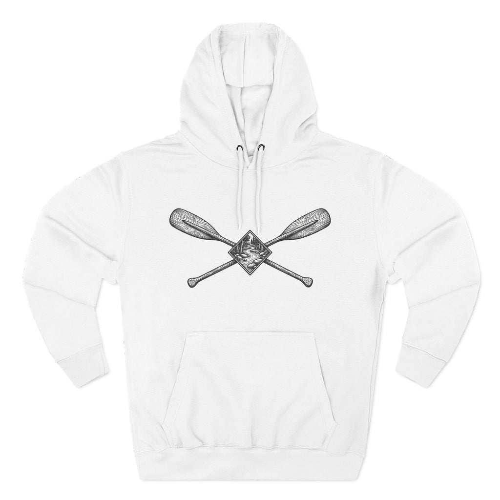 River Wanderer Premium Heavyweight Hoodie - Crossed Paddles Woodcut Design