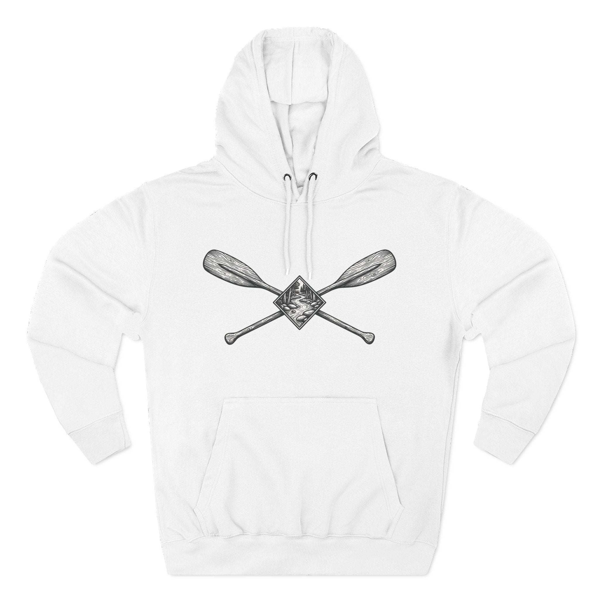 River Wanderer Premium Heavyweight Hoodie - Crossed Paddles Woodcut Design