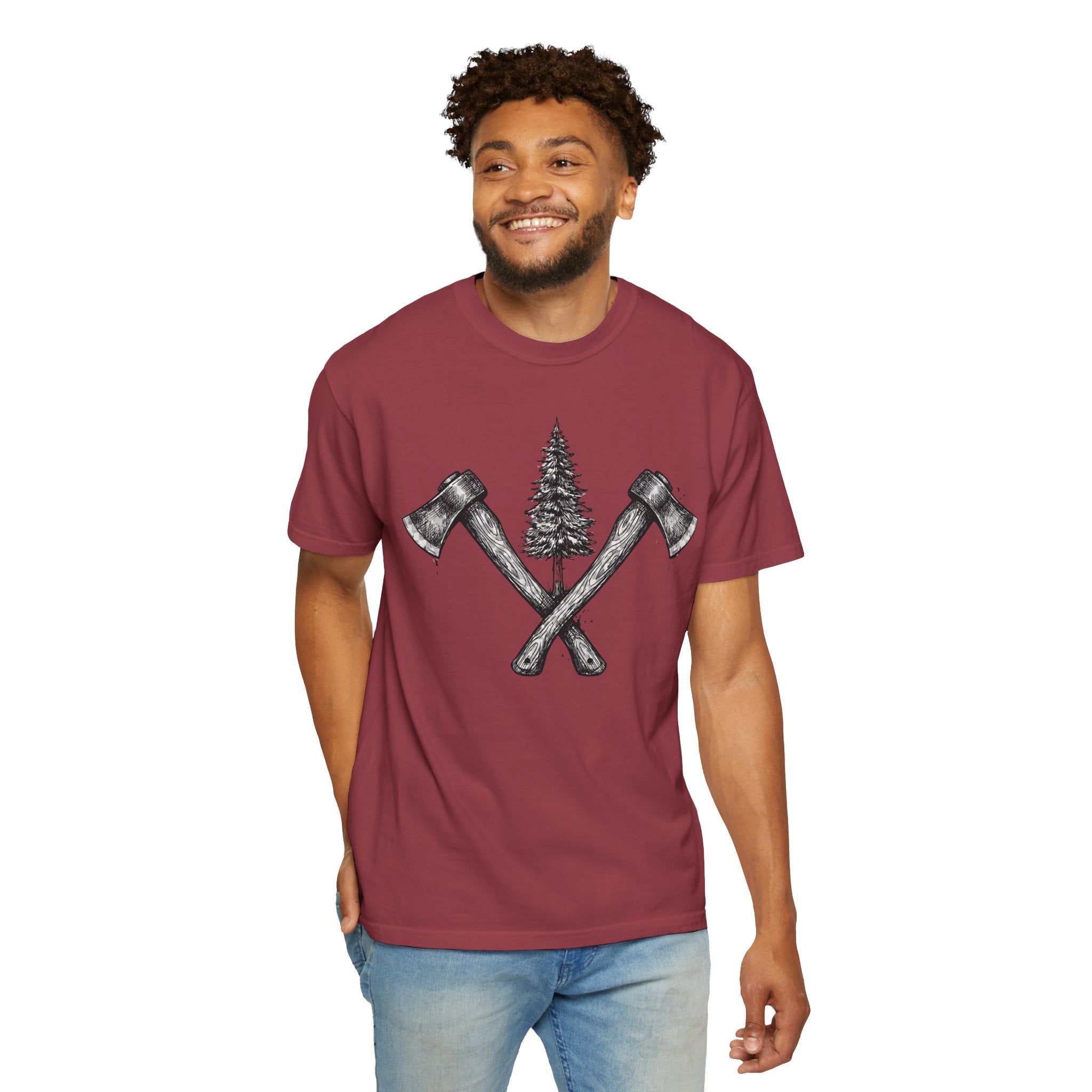 Axe & Pine Tree T-Shirt — Rustic Lumberjack Graphic Tee