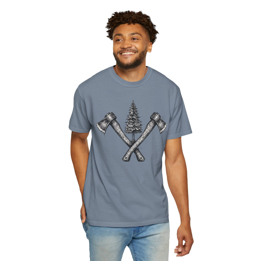 Axe & Pine Tree T-Shirt — Rustic Lumberjack Graphic Tee