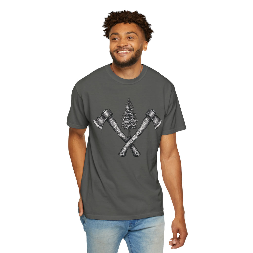 Axe & Pine Tree T-Shirt — Rustic Lumberjack Graphic Tee