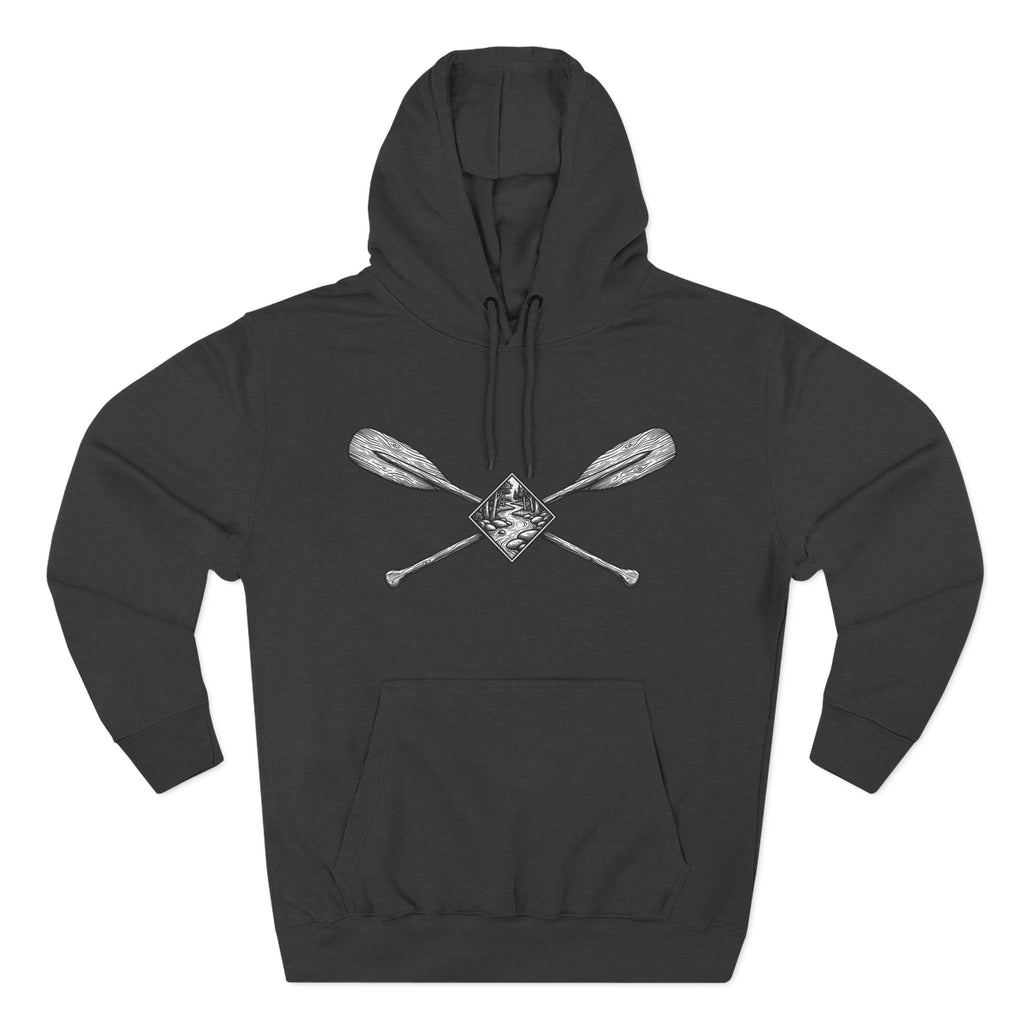 River Wanderer Premium Heavyweight Hoodie - Crossed Paddles Woodcut Design