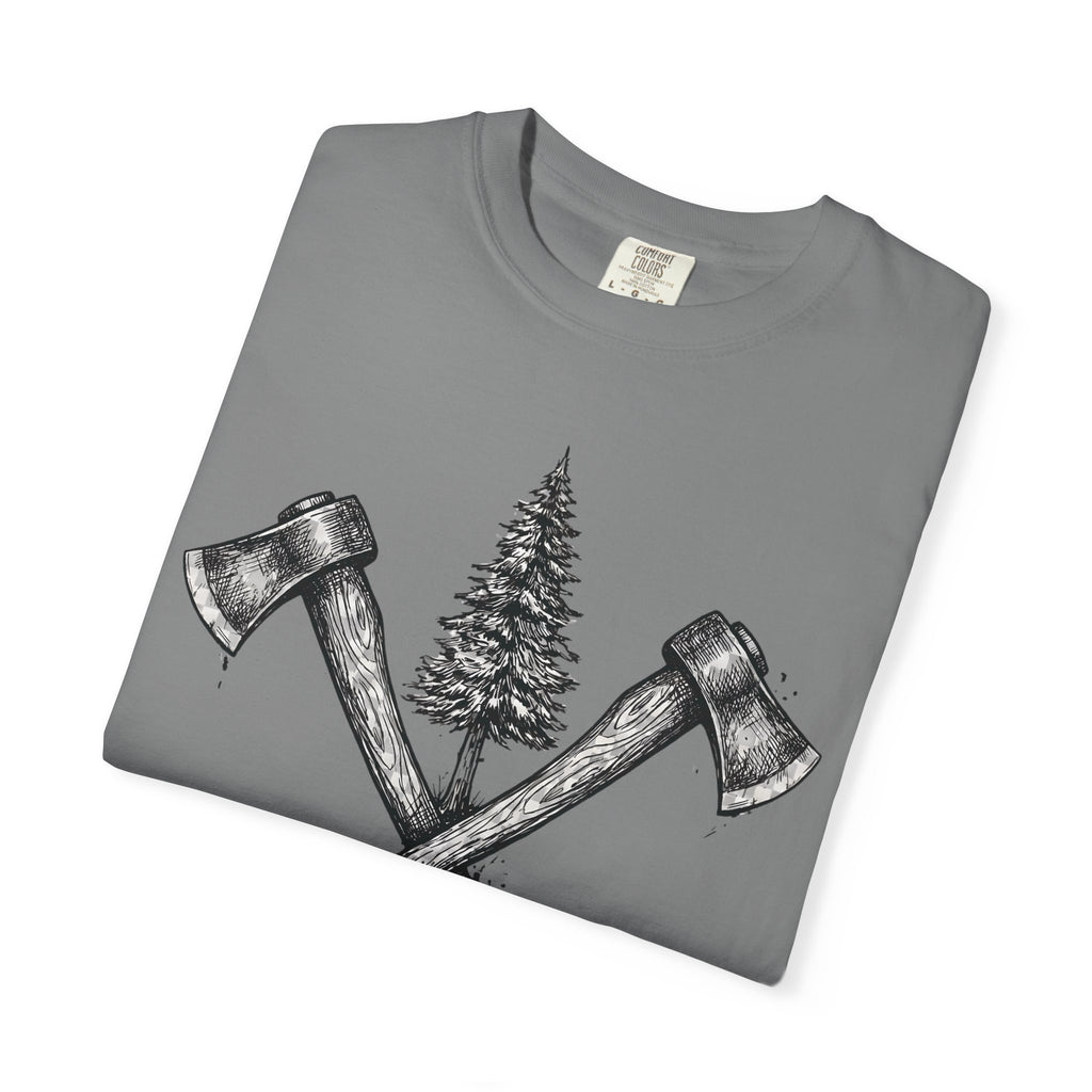 Axe & Pine Tree T-Shirt — Rustic Lumberjack Graphic Tee