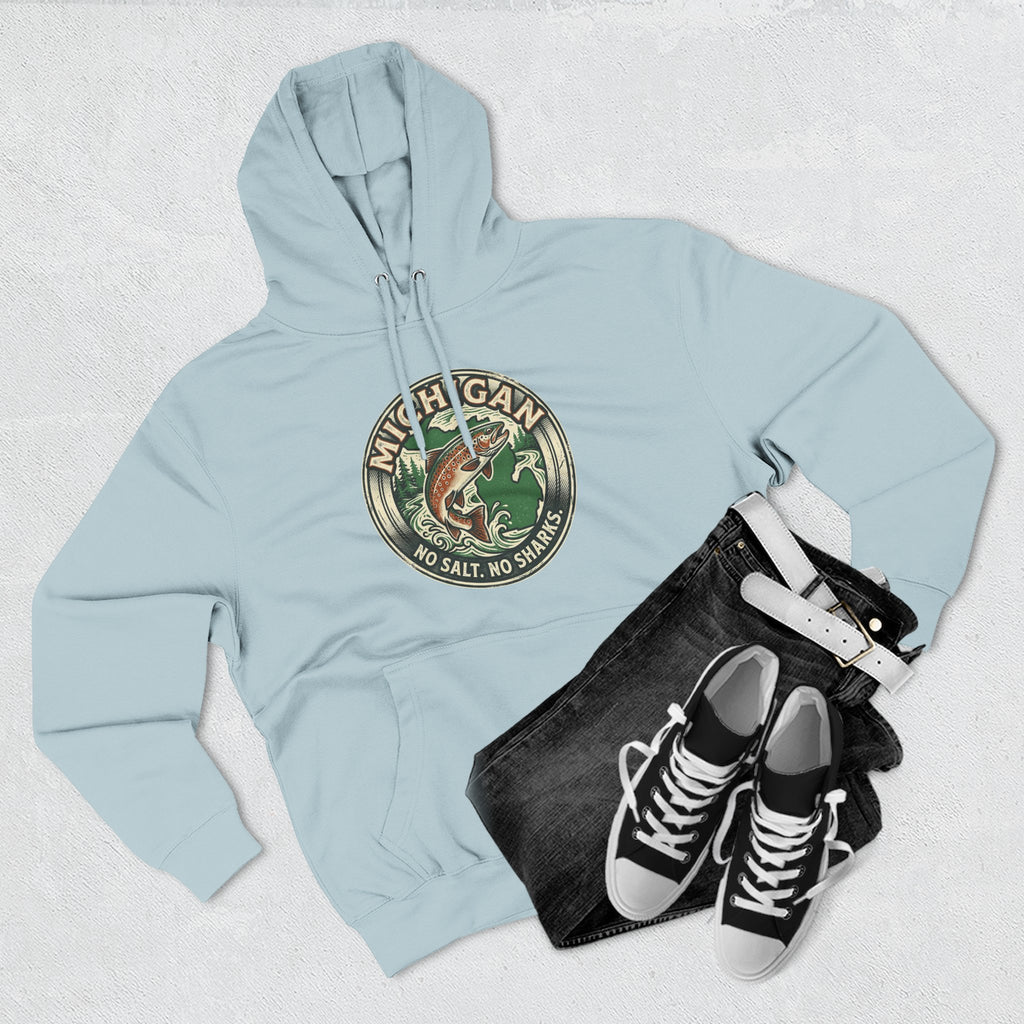 Michigan Fishing Badge Hoodie — No Salt, No Sharks Graphic Pullover