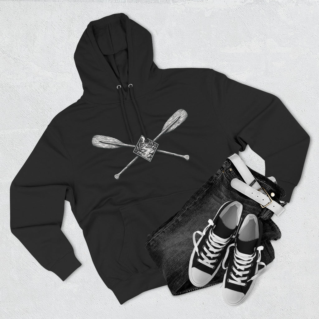 River Wanderer Premium Heavyweight Hoodie - Crossed Paddles Woodcut Design