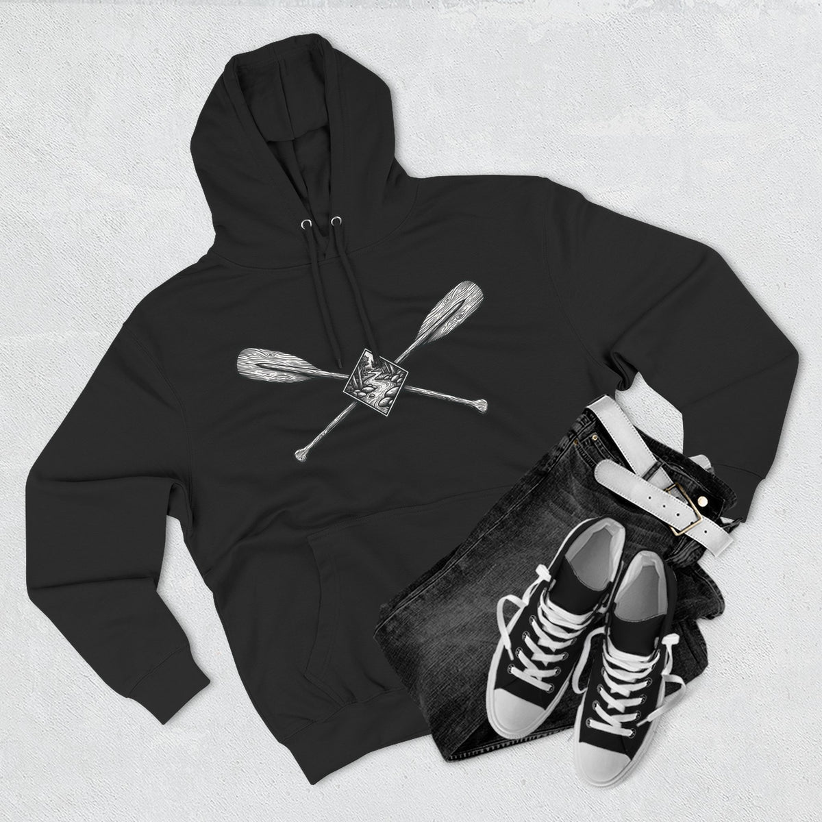 River Wanderer Premium Heavyweight Hoodie - Crossed Paddles Woodcut Design