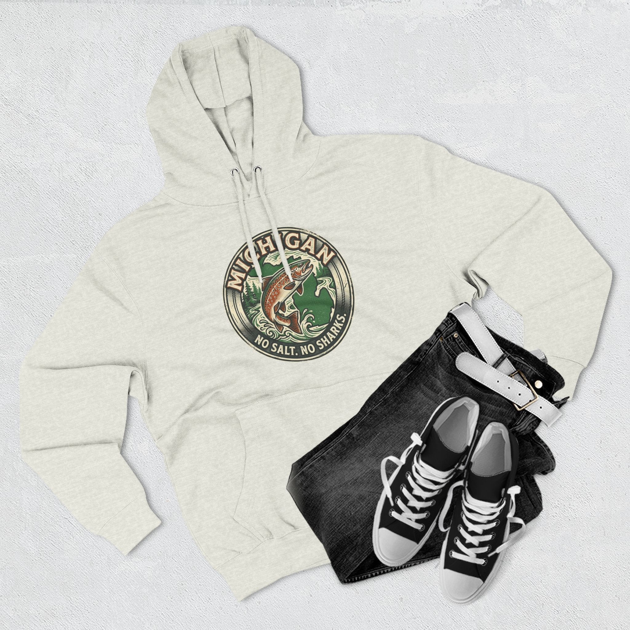 Michigan Fishing Badge Hoodie — No Salt, No Sharks Graphic Pullover