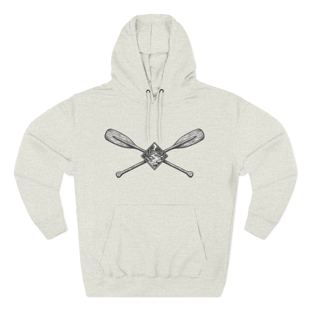 River Wanderer Premium Heavyweight Hoodie - Crossed Paddles Woodcut Design