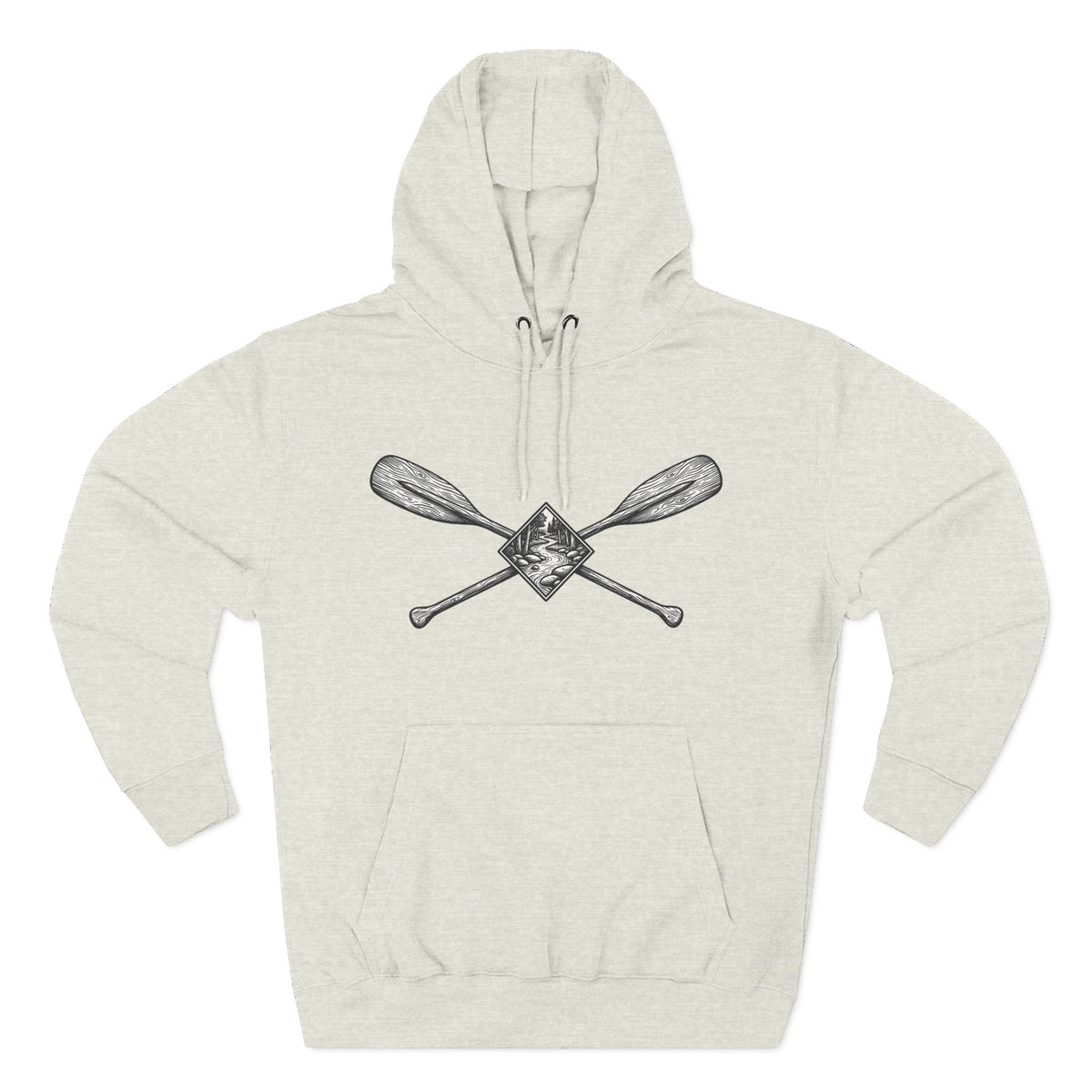 River Wanderer Premium Heavyweight Hoodie - Crossed Paddles Woodcut Design