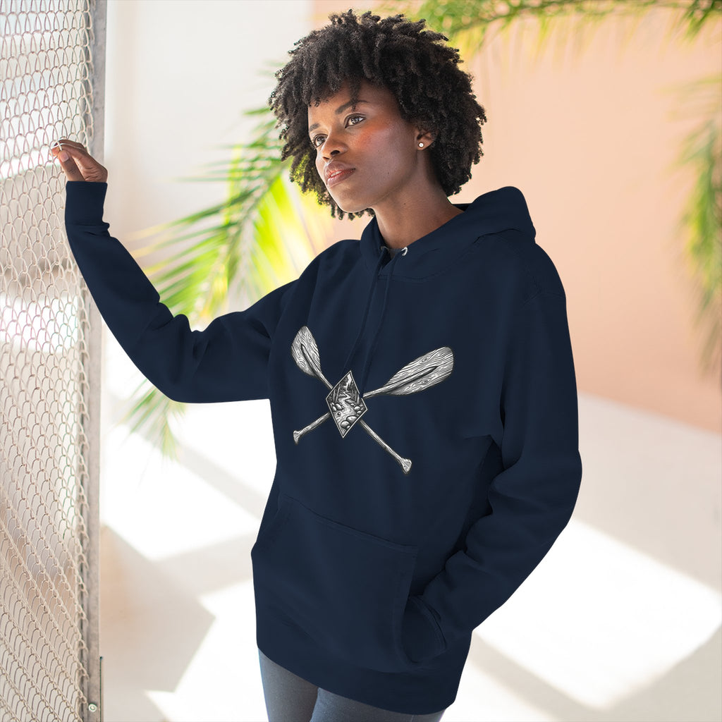 River Wanderer Premium Heavyweight Hoodie - Crossed Paddles Woodcut Design